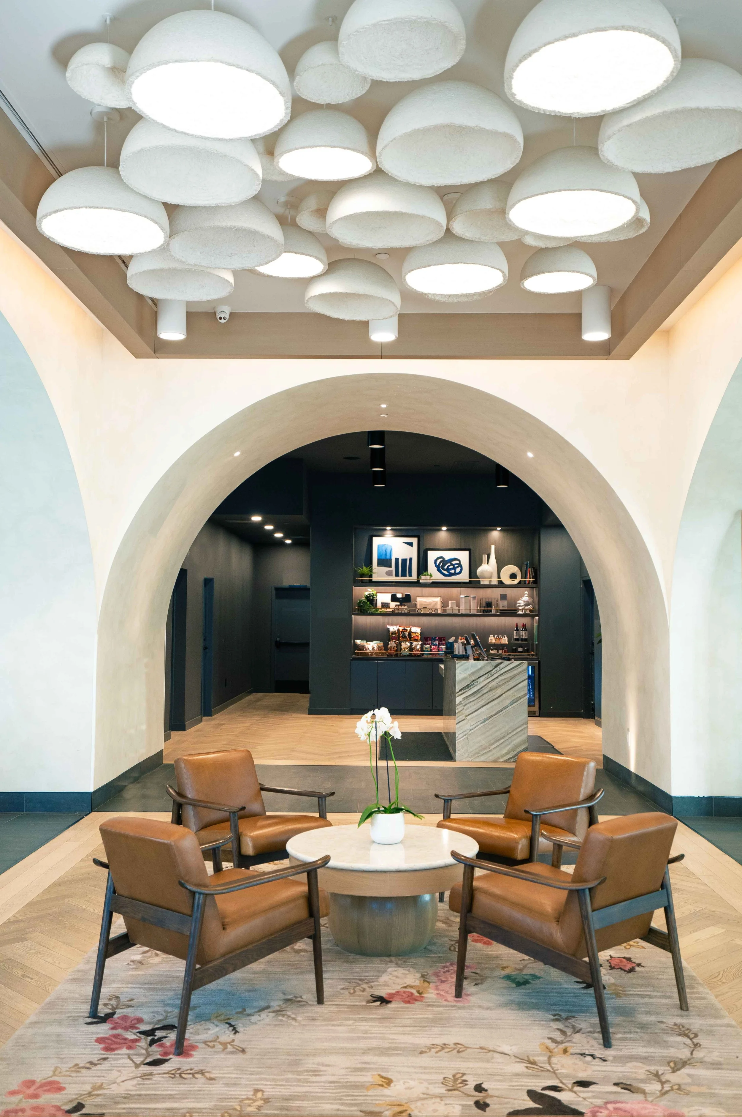 Sustainable lighting installation in hotel lobby