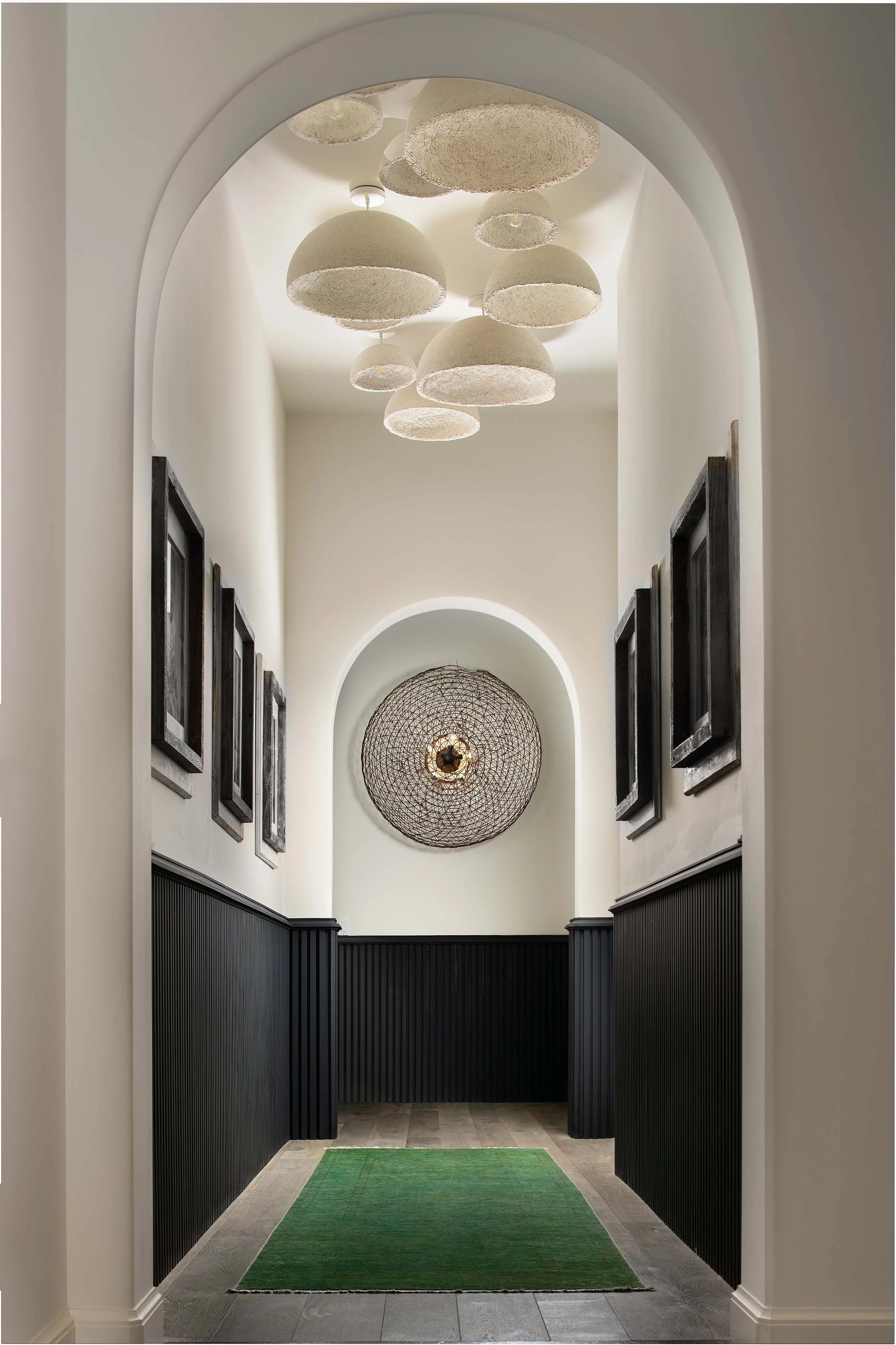 sustainable lighting grown from mycelium in residential hallway