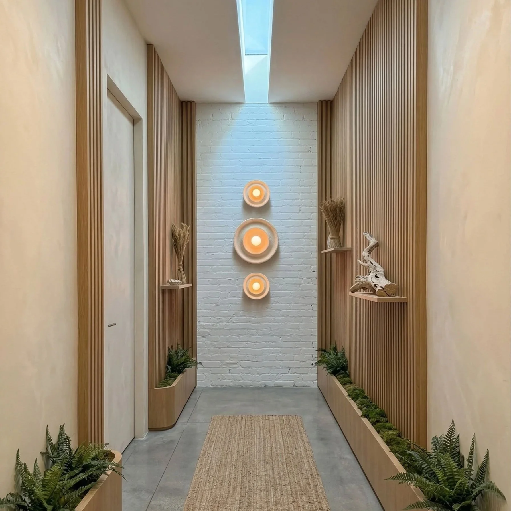Mycelium wall sconce in biophilic interior hallway