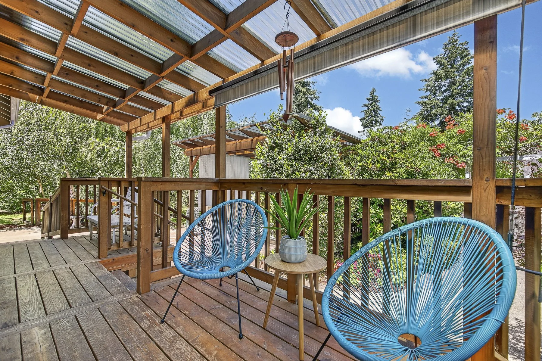 Expansive covered deck overlooking peaceful gardens in a Portland, OR home