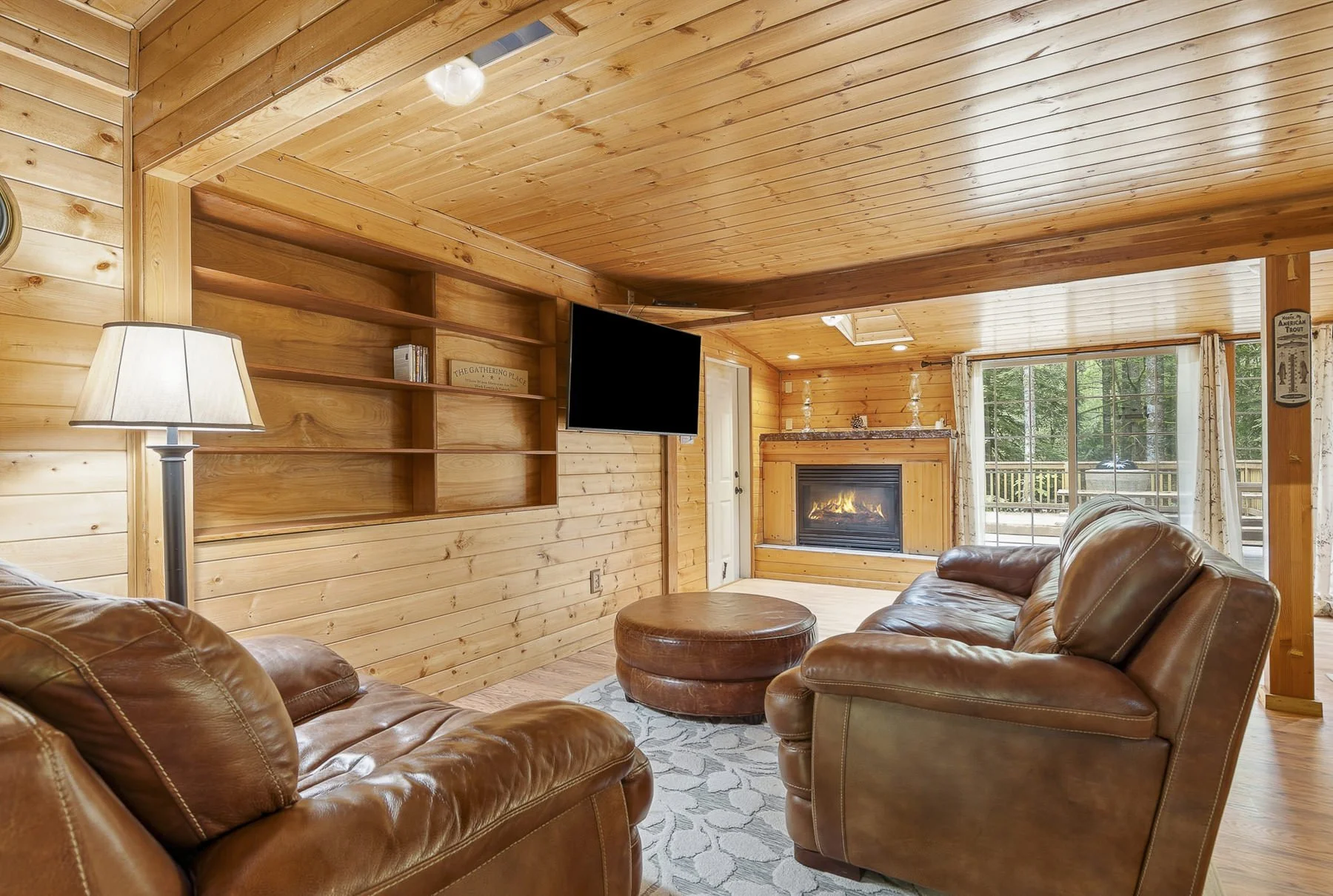 VIew of a living room area inside a rustic cabin in Cougar, WA