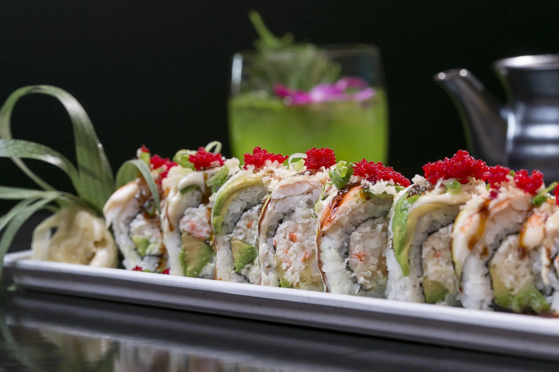professional food photography of a delicious sushi roll with shrimp tempura photographed by Paul Rich Studio