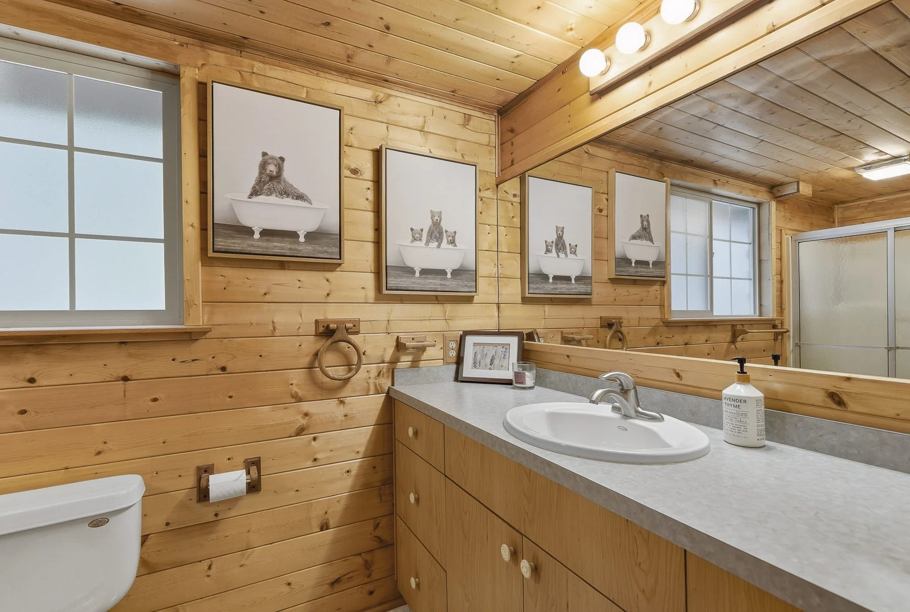 Interior photo of a bathroom in a rustic cabin