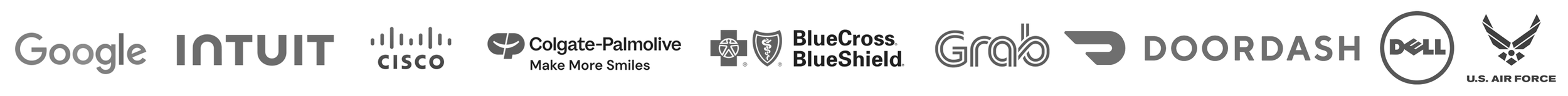 Logos of various companies and organizations, including Google, Intuit, Cisco, Colgate-Palmolive, Blue Cross Blue Shield, Grab, DoorDash, Dell, U.S. Air Force, and others.
