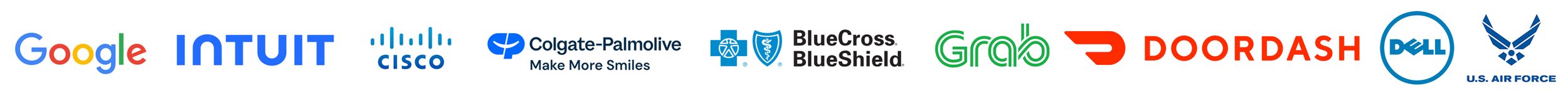 Logos of various companies including Google, Intuit, Cisco, Colgate-Palmolive, BlueCross BlueShield, Grab, DoorDash, Dell, U.S. Air Force.