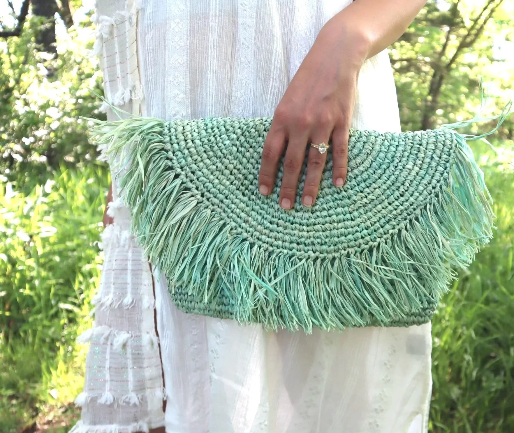 Handmade Raffia Half Moon Wallet Blue/Green