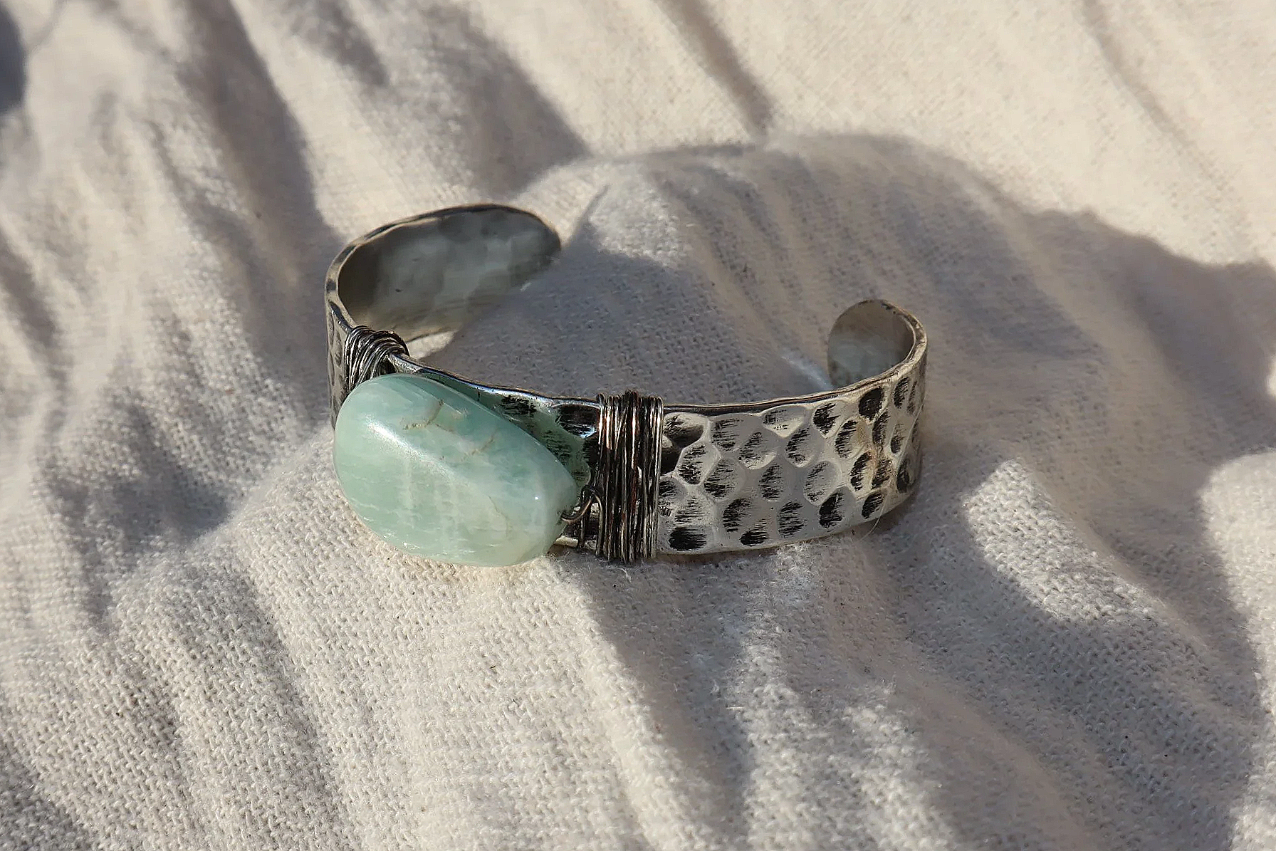 Handmade Antique Silver Hammered Cuff with Stone - Amazonite