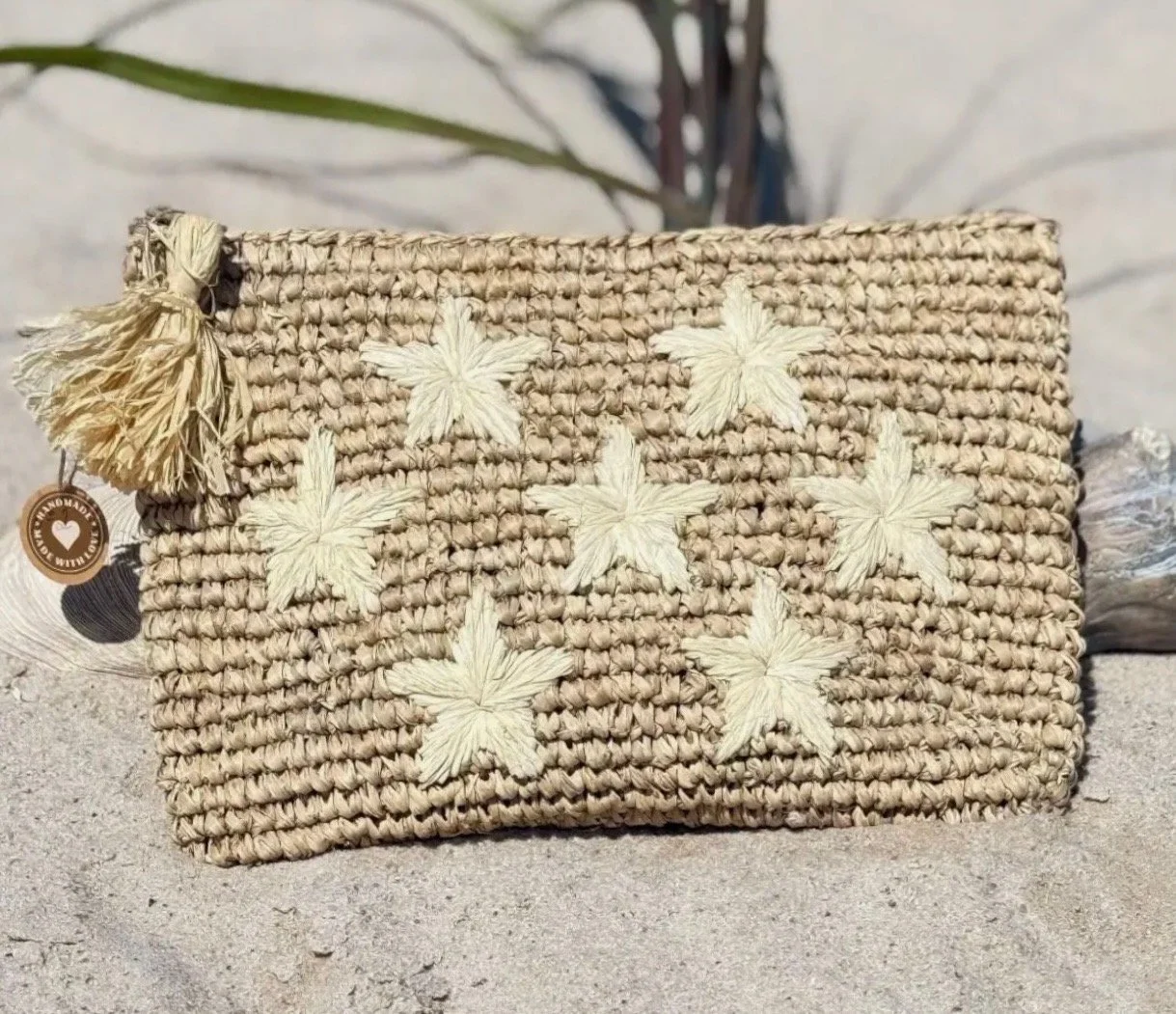 Handmade Natural Rafia Wallet and White Star Clutch