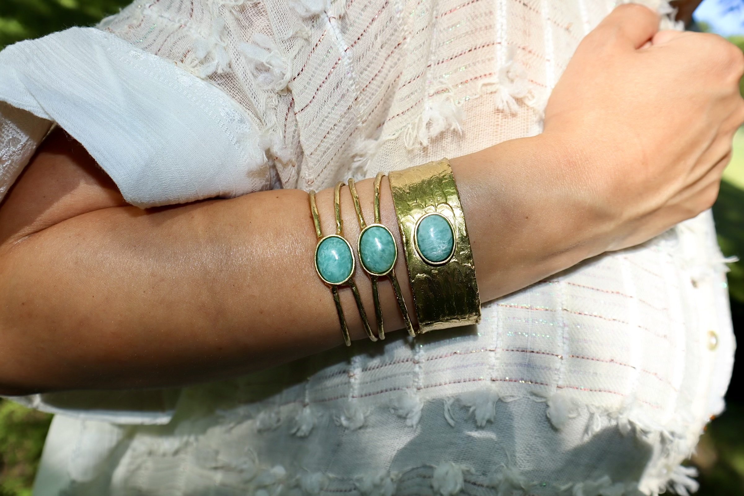 Amazonaite Hand Hammered Brass Cuff
