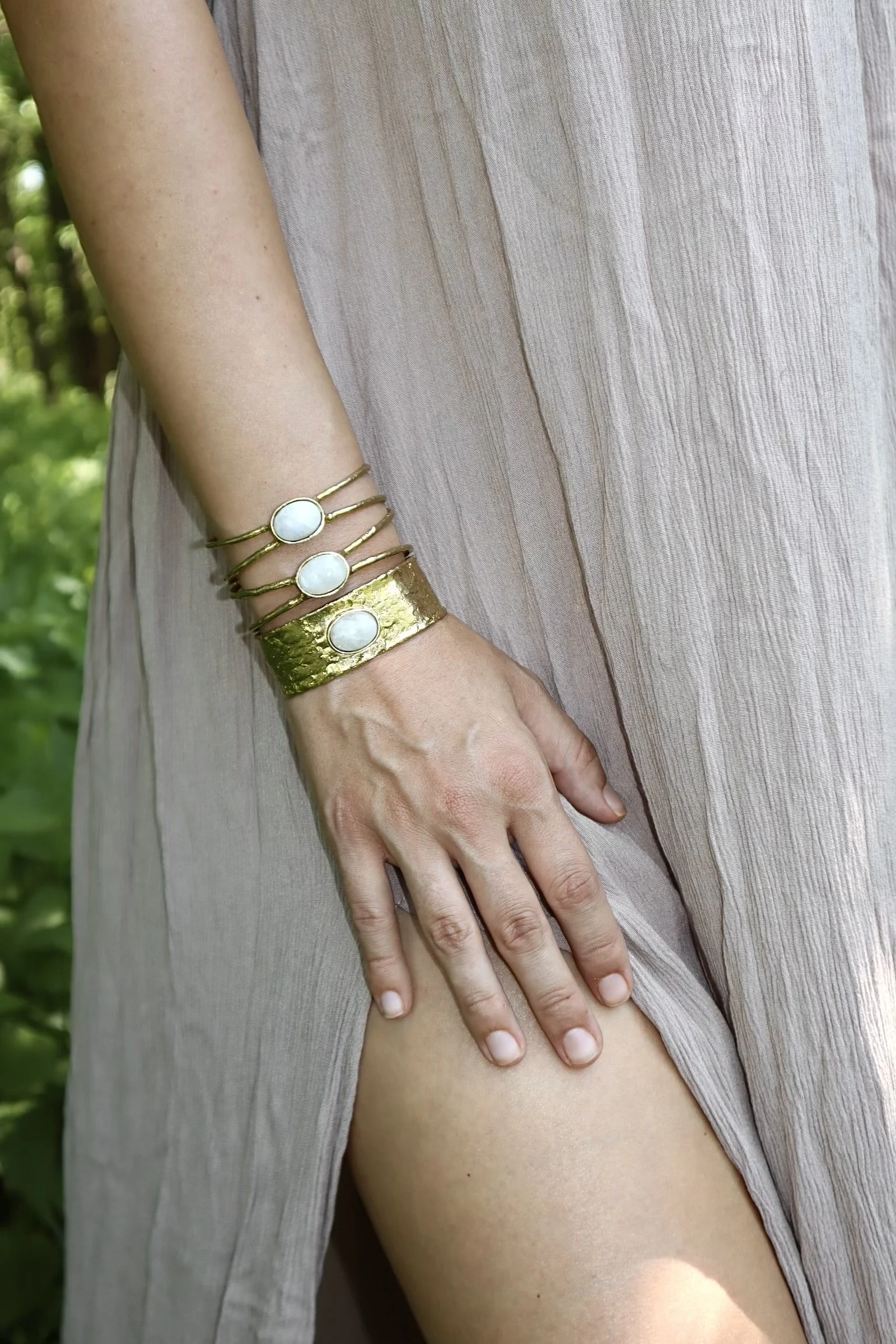 Moonstone Hand Hammered Brass Cuff