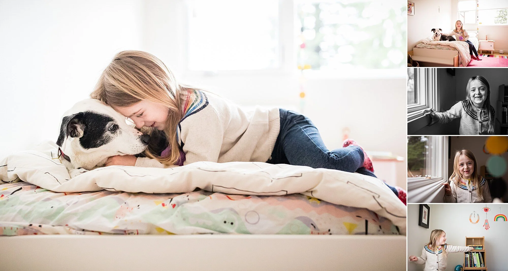 collage of multiple images of young girl in her bedroom and with her dog during family photo session in portland oregon