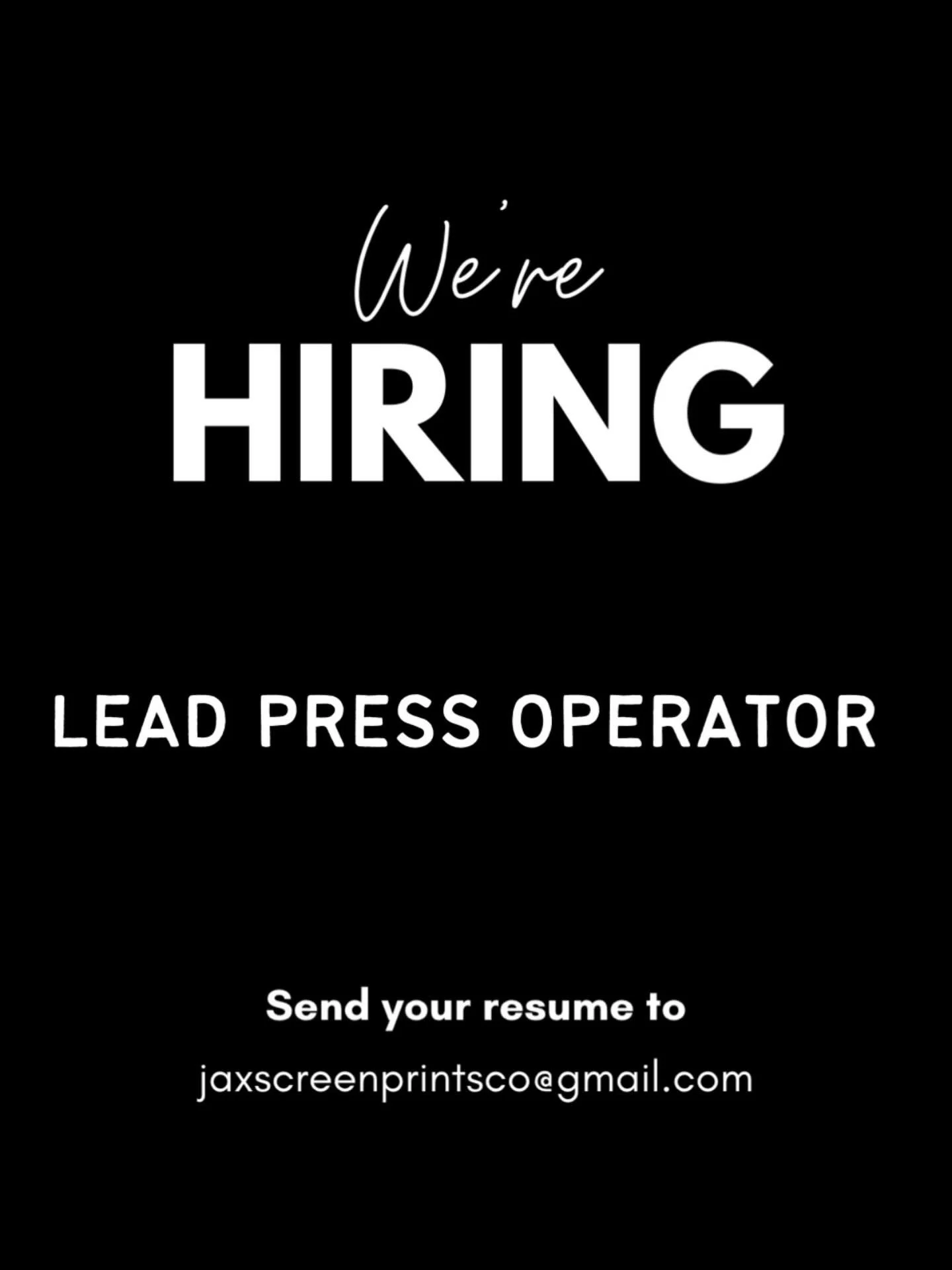 Jax Screen Prints Is Hiring A Lead Press Operator‼️

Role Description
The lead press operator is responsible for leading production operations daily, ensuring quality production, meeting deadlines, and maintaining efficient workflow on an automatic s