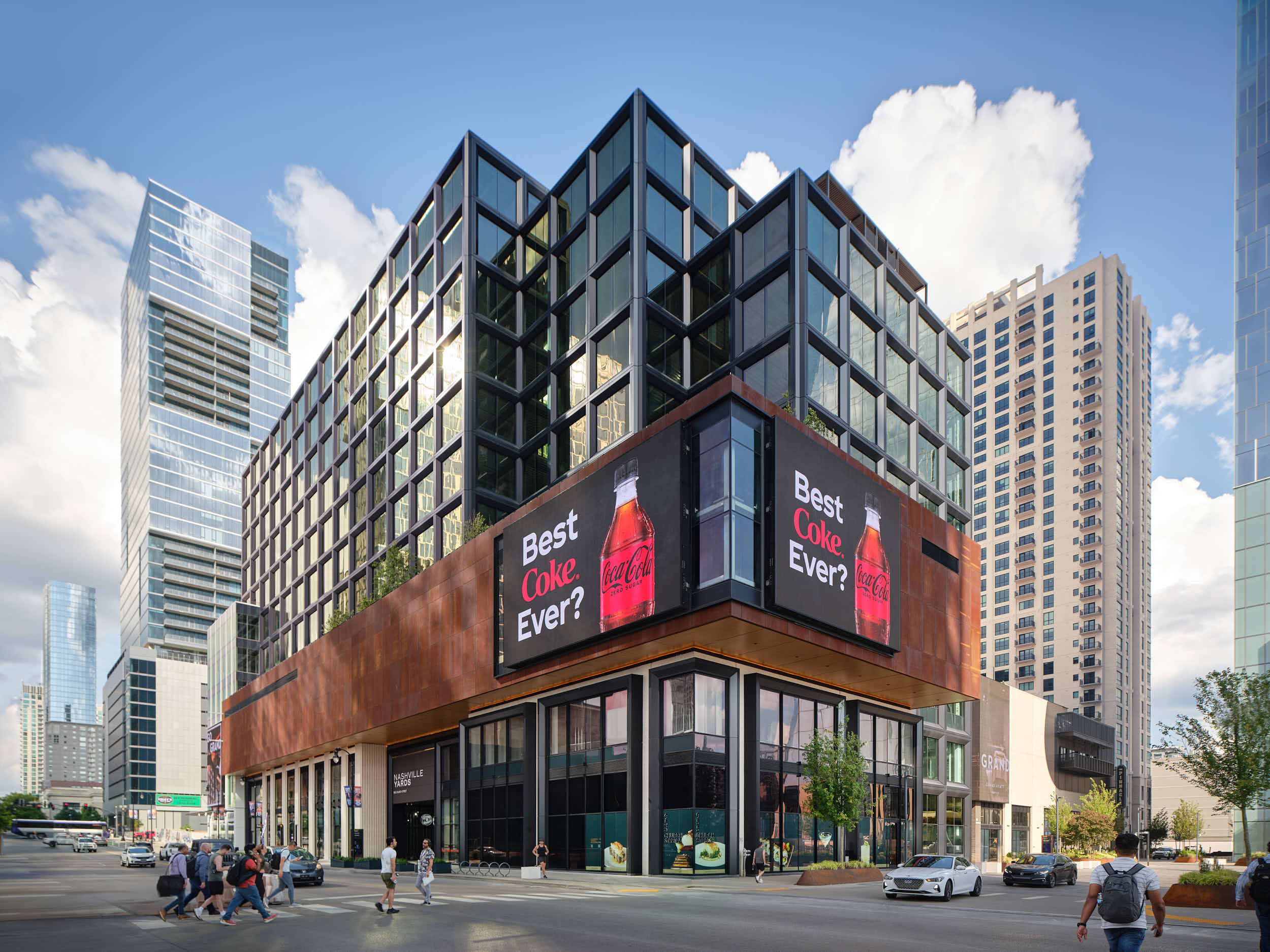Professional architectural and commercial photography of Nashville Yards, the 19-acre mixed-use gateway to Downtown Nashville. Captured by Nick McGinn of McGinn Photography, these images highlight the Class A+ office towers, the Grand Hyatt, and the 