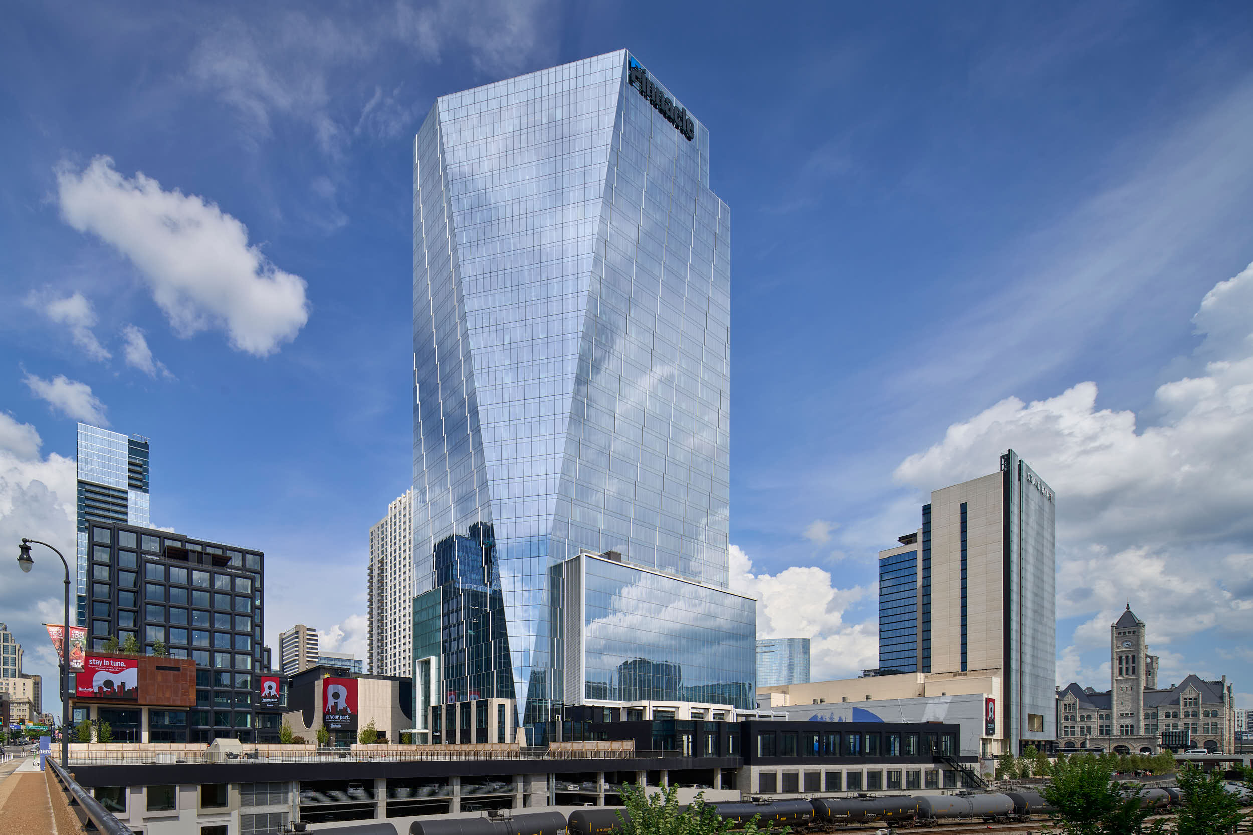 Professional architectural and commercial photography of Nashville Yards, the 19-acre mixed-use gateway to Downtown Nashville. Captured by Nick McGinn of McGinn Photography, these images highlight the Class A+ office towers, the Grand Hyatt, and the 
