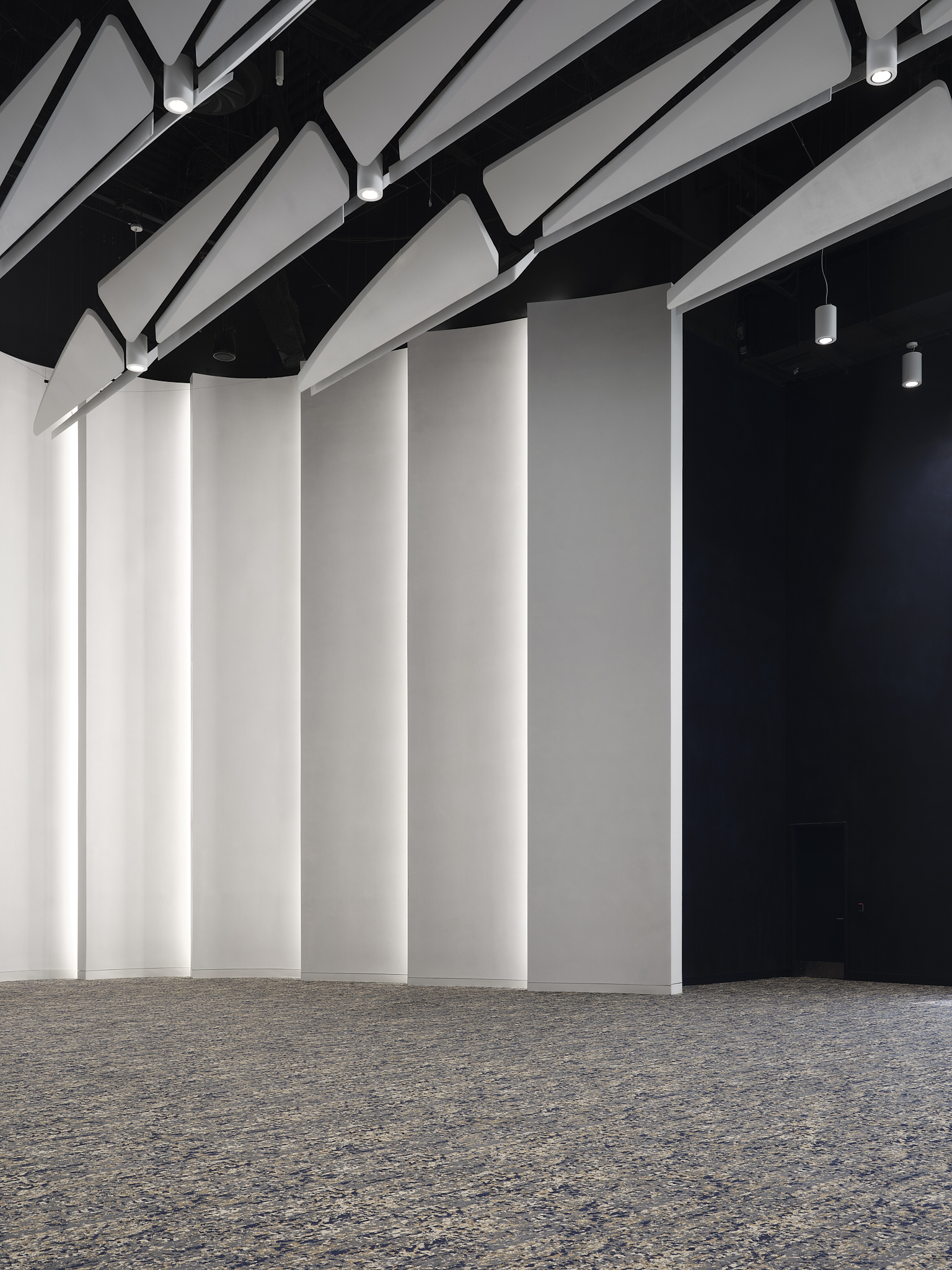 A tight-angle interior architectural photograph of the Savannah Convention Center, showing the acoustic panels