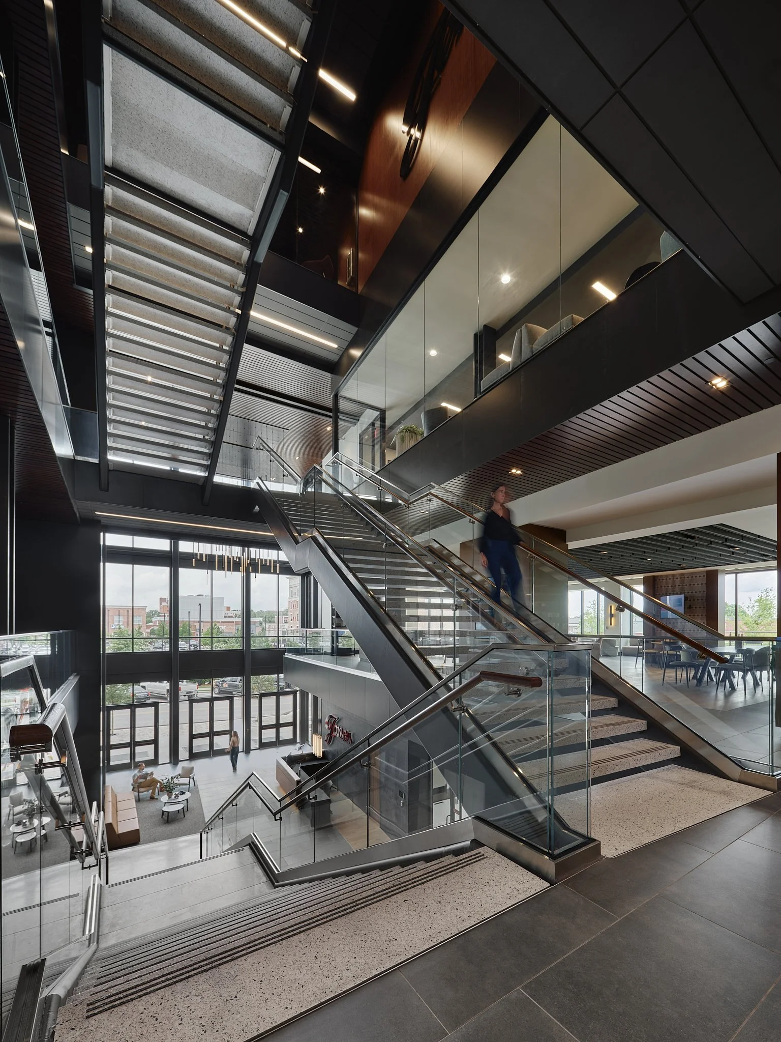 Architectural photography of the Jones Capital Corporate Headquarters in Midtown Hattiesburg, MS. Designed by Wier Boerner Allen (WBA) Architecture, this 80,000-square-foot Class A office building serves as the global hub for Jones Logistics and Jone