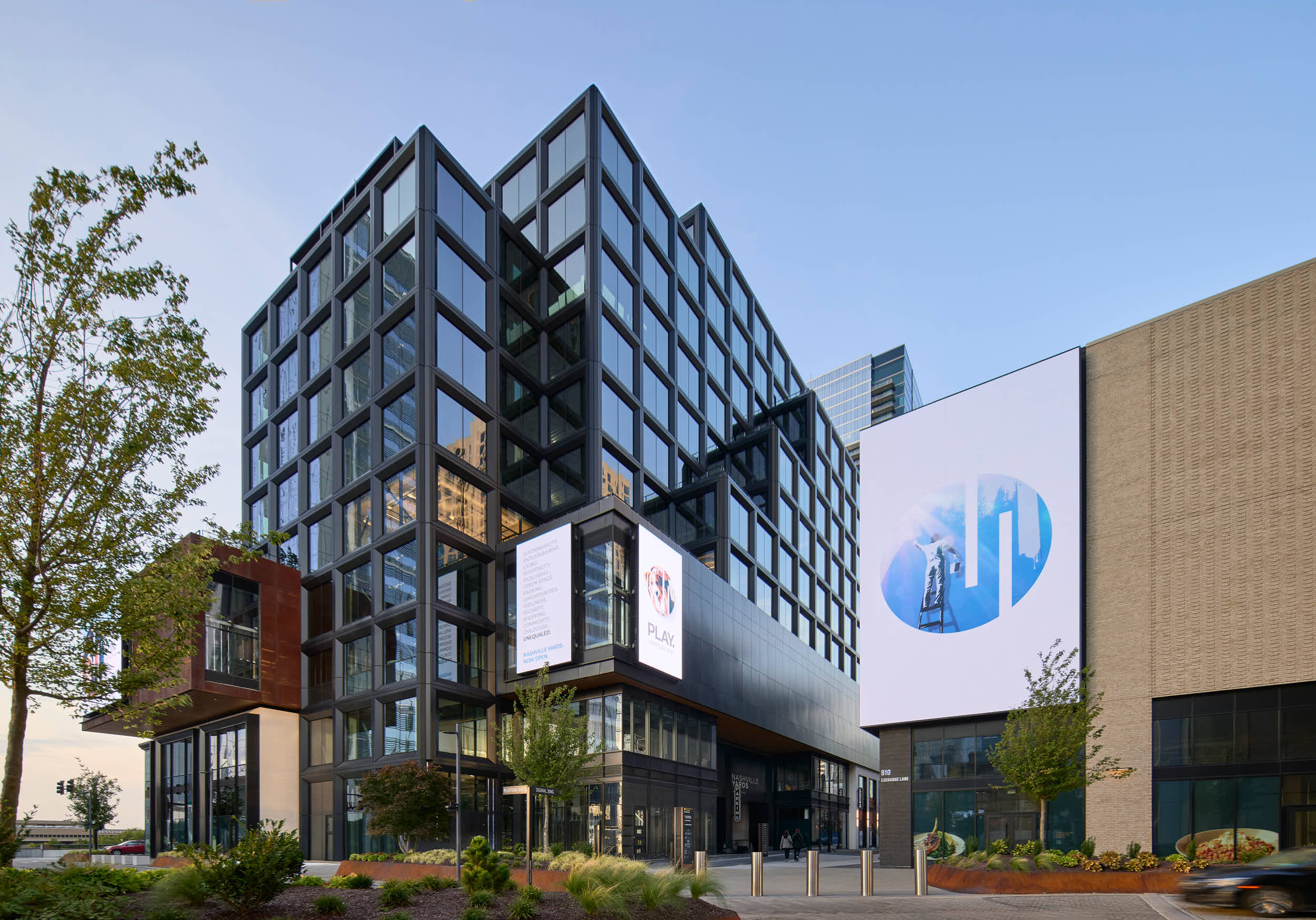Professional architectural and commercial photography of Nashville Yards, the 19-acre mixed-use gateway to Downtown Nashville. Captured by Nick McGinn of McGinn Photography, these images highlight the Class A+ office towers, the Grand Hyatt, and the 