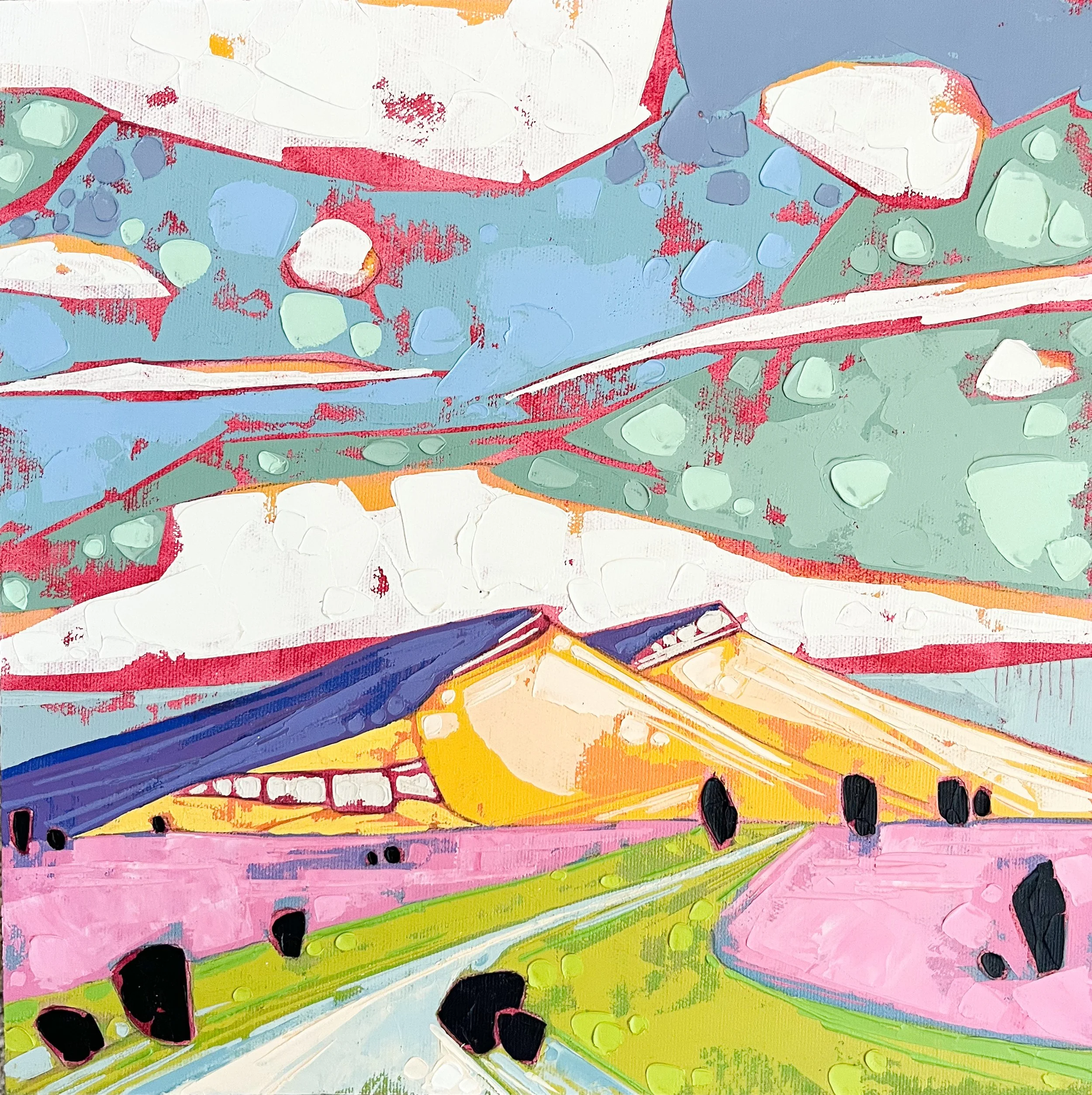 Bluffs Above the Creek, oil + cold wax on linen panel, 20 x 20", 2025