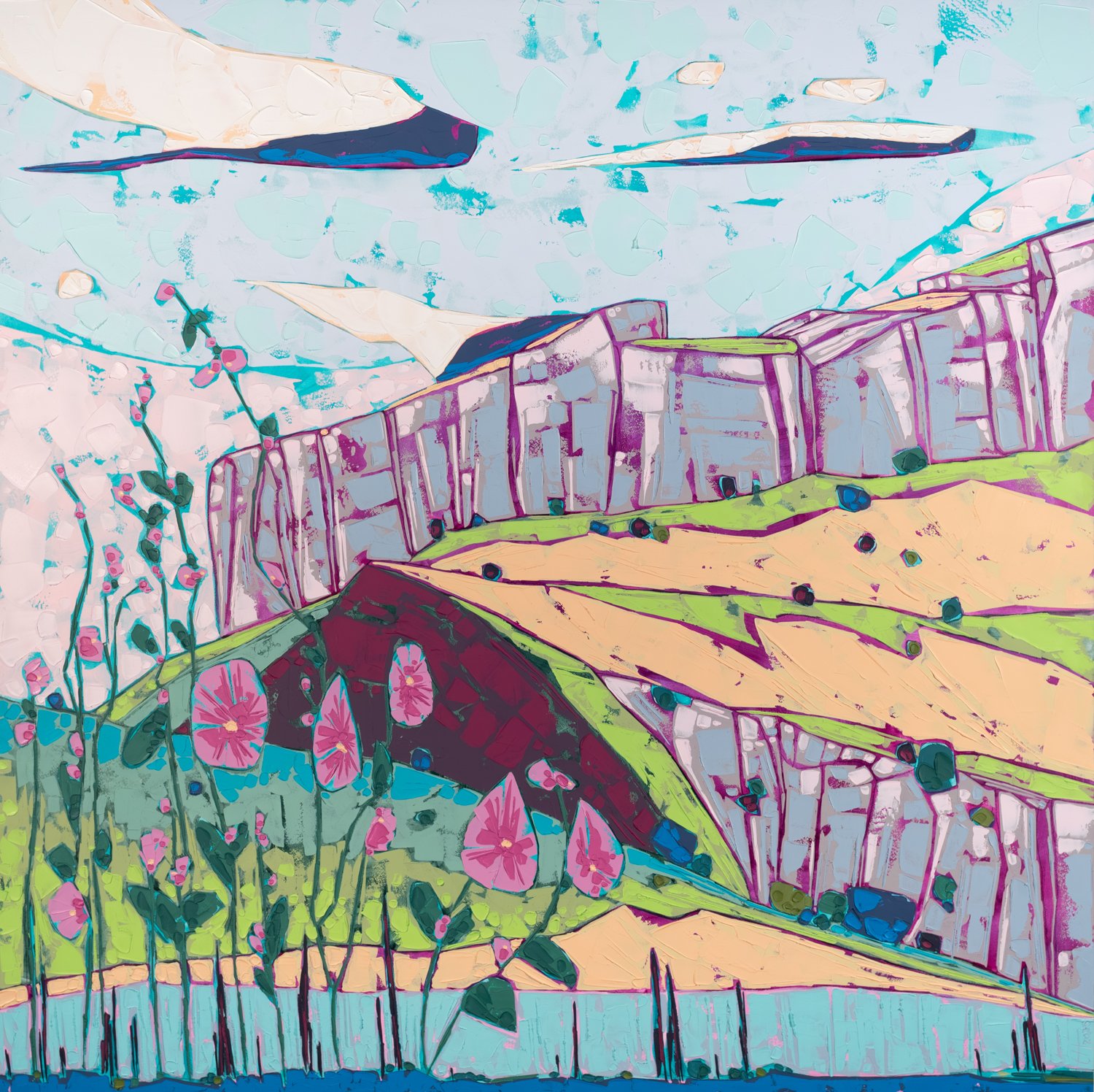 Rougon Hollyhocks, 30" x 30", mixed media on panel 