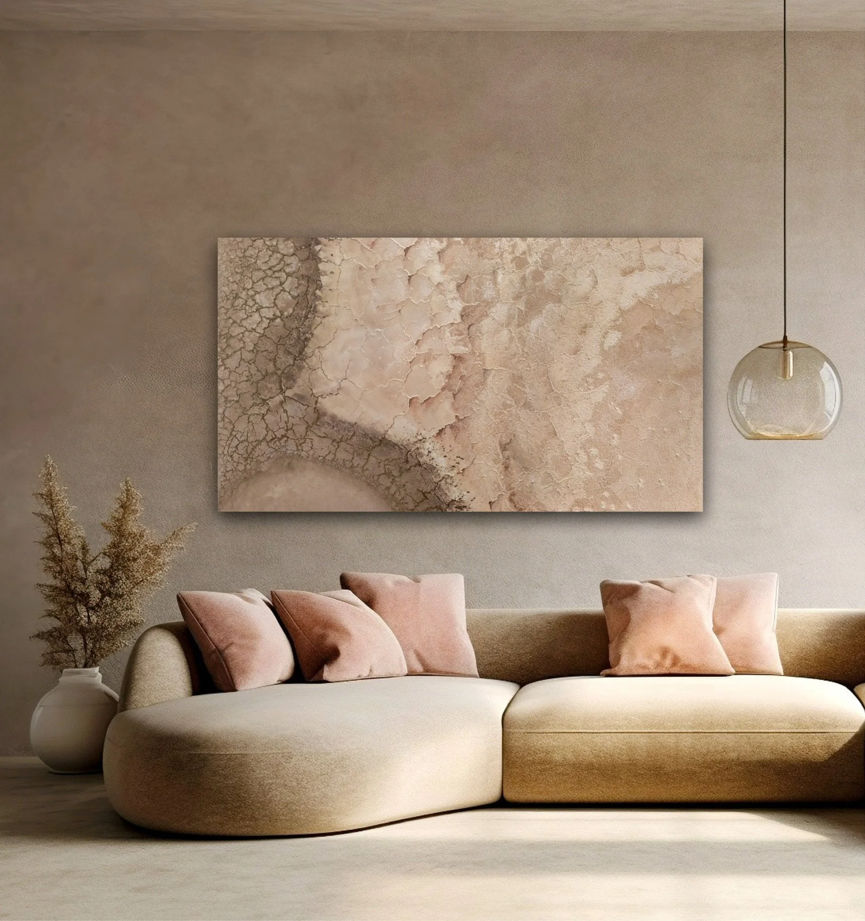 A dry salt lake from the air in a mocked up loungeroom..