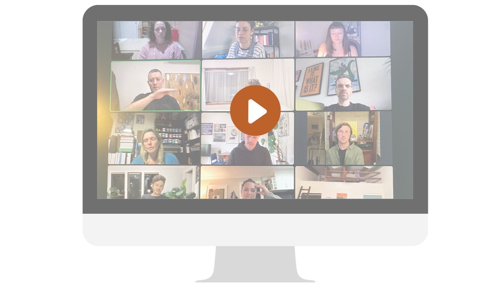 Computer screen showing a virtual video conference with multiple people in different indoor settings, some with bookshelves, artwork, and plants in the background.