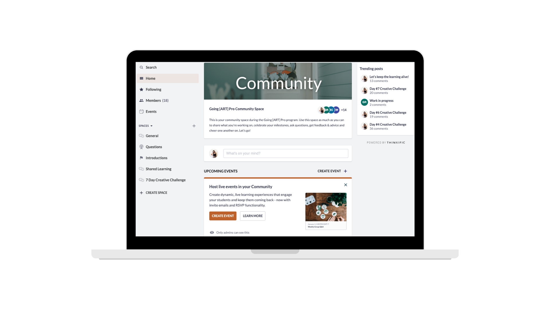 Laptop screen displaying a community platform interface with navigation sidebar, community space, trending posts, and upcoming events section. Powered by Thinkific.