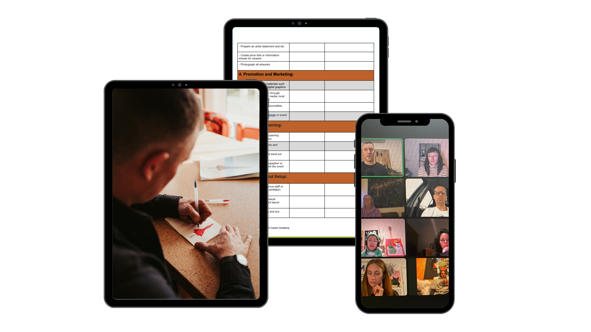 Collage with tablets and smartphone displaying a person drawing, a marketing checklist, and a video call with multiple participants.