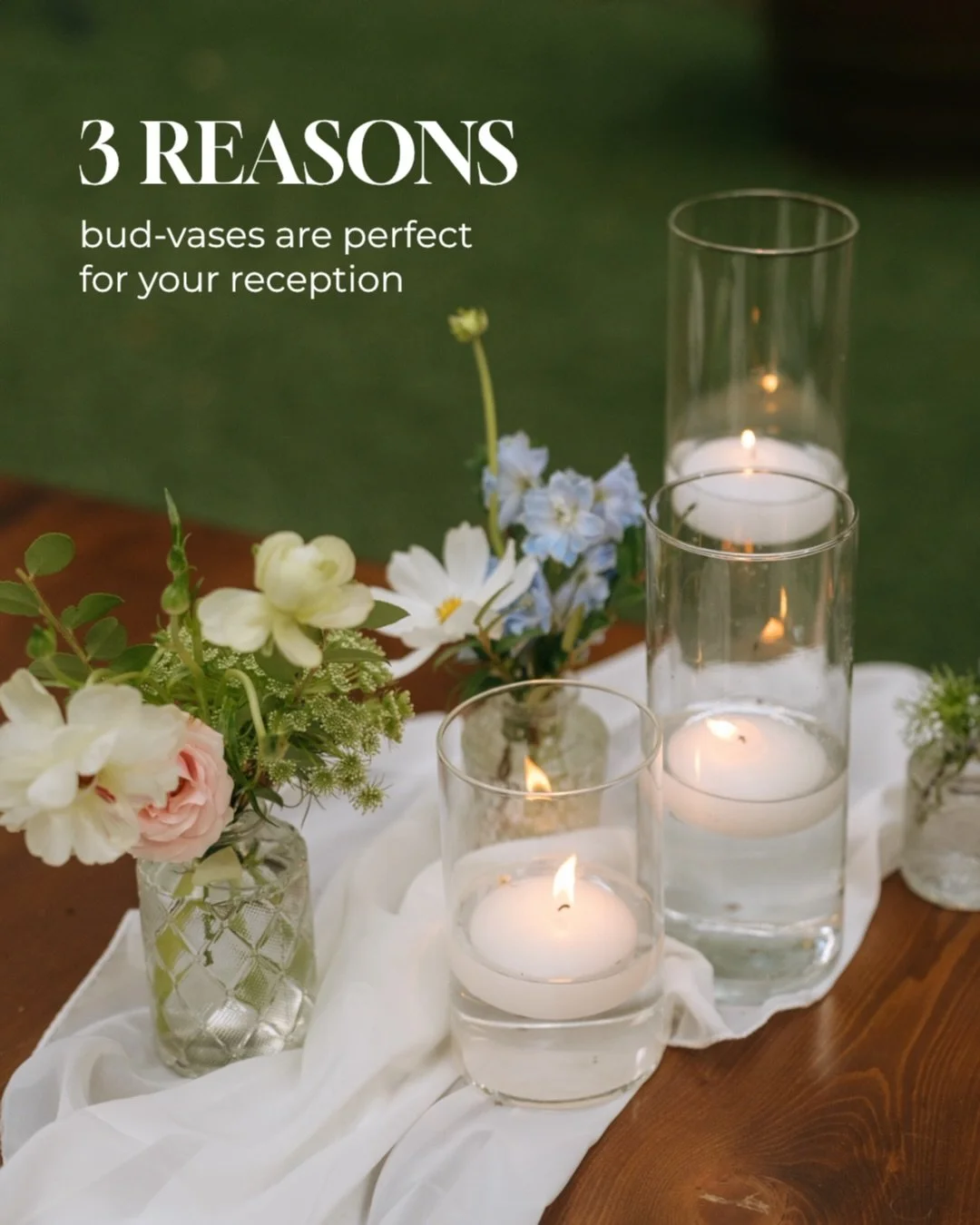 🌹 Bud-vases are a simple yet stunning way to style your reception tables. They help showcase your personality while staying elegant and budget-friendly. 

Whether you arrange them in a straight line, in clusters, or somewhere in between, they never 