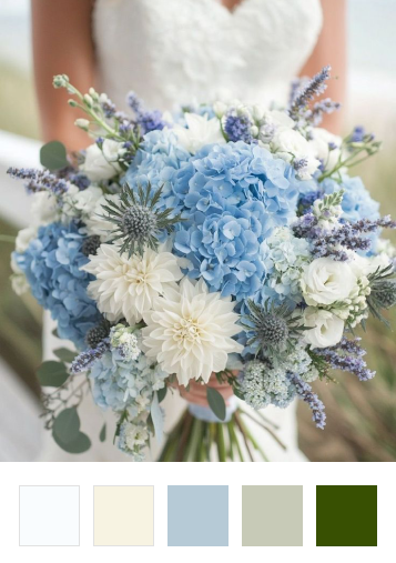 A serene bride holds a stunning bouquet of soft blue hydrangeas, white dahlias, and lavender, designed by a Sonoma County-based florist.