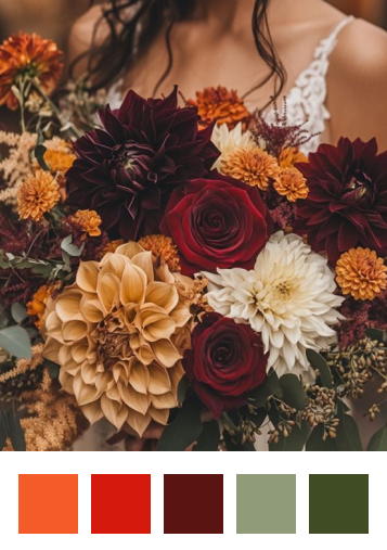 A bride holds a vibrant bouquet filled with deep red roses, mustard marigolds, and warm-toned dahlias, designed by a Sonoma County-based florist.