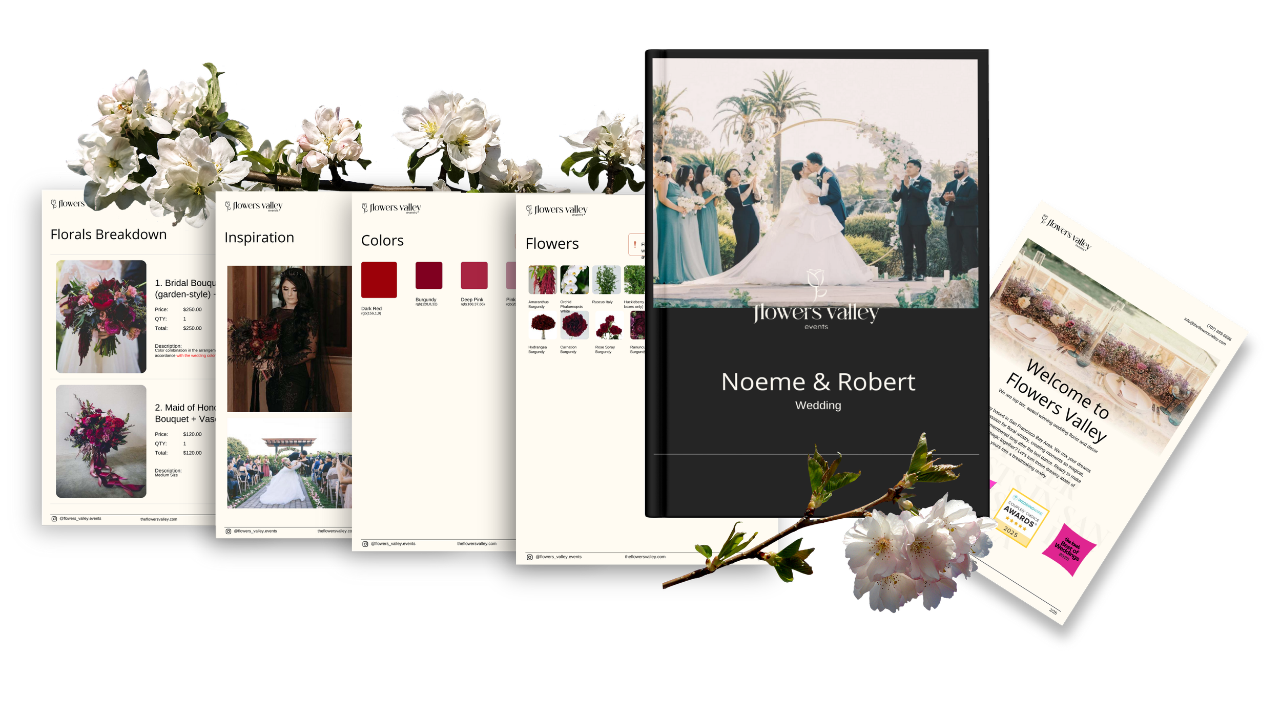 A collection of wedding planning materials including a floral arrangement, a brochure, a color palette with shades of red and pink, a book titled 'Flowers Valley' with the names Noeme and Robert, a wedding program, and an event website with floral decor images.