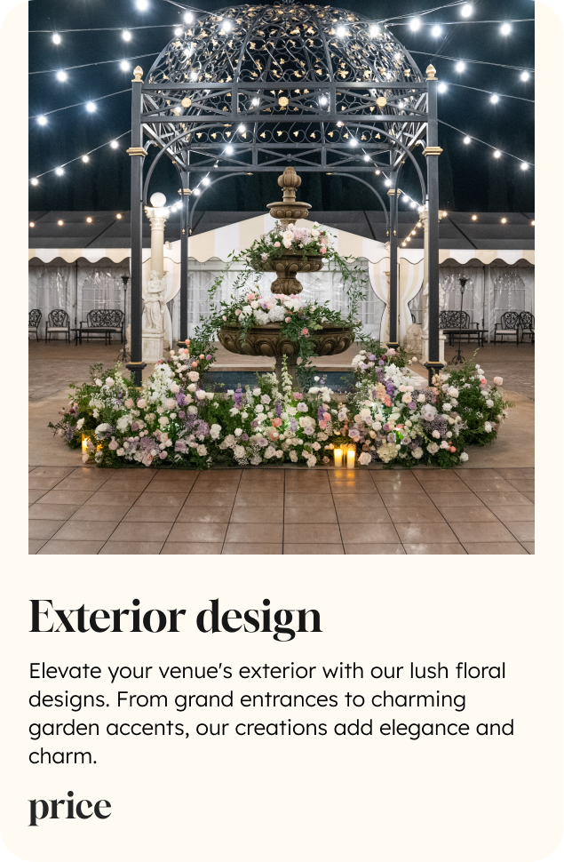 Lush floral exterior design featuring a fountain surrounded by colorful flowers under an ornate gazebo with string lights, creating an elegant and charming outdoor wedding setup.