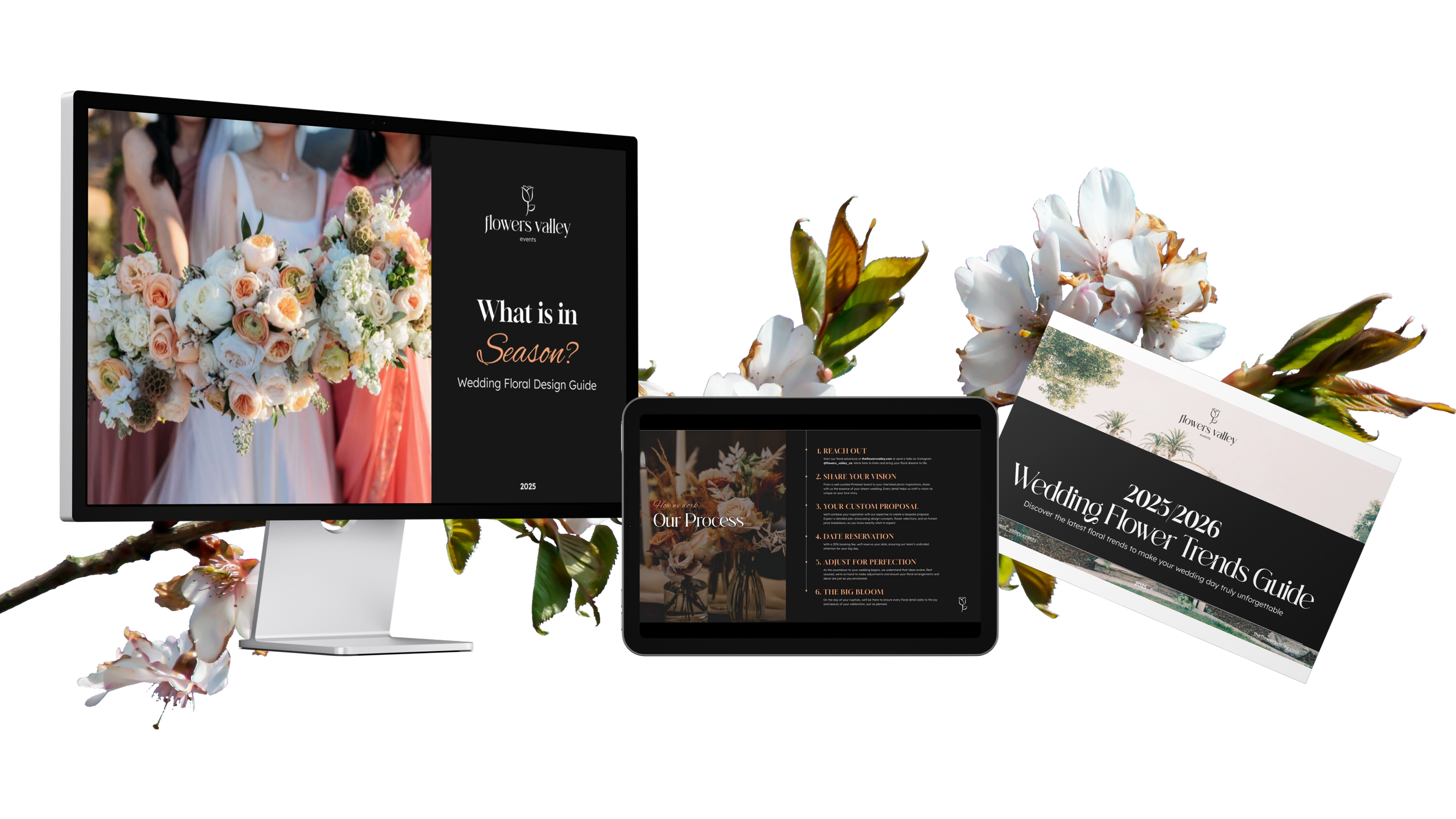 A digital display and printed materials about wedding floral design, featuring images of flowers and guides for wedding flower trends for 2025 and 2026.