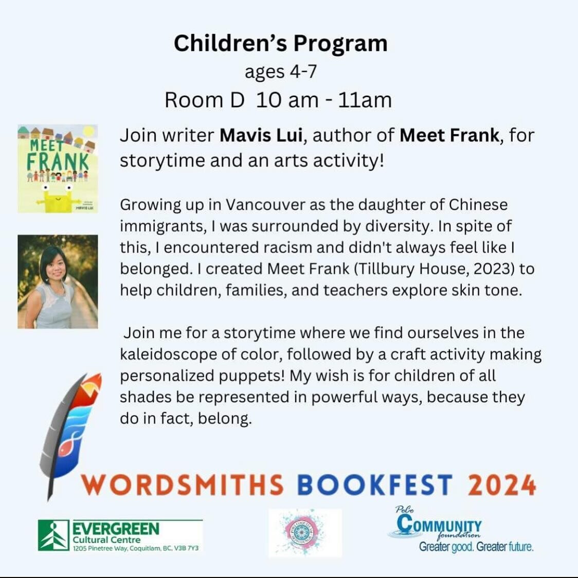 Join me and Frank on Saturday, March 23rd at the Evergreen Cultural Centre in Coquitlam! Many thanks to @tri.city.wordsmiths 🤍

@tilburyhousepublishers
#teachingdiversity #kidsbooksaboutidentity #kidsbooksaboutdiversity #diversepicturebooks #diverse