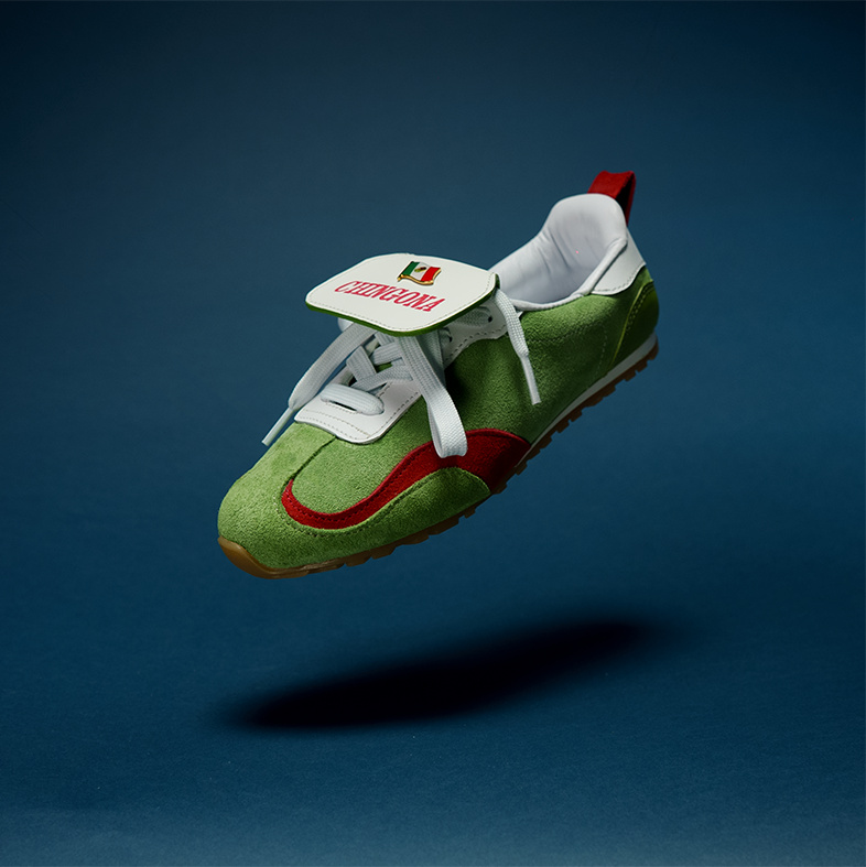 RINA Sneakerina Mexi colorway — overhead detail of the green suede toe box and red leather Duo accent panel with gum sole