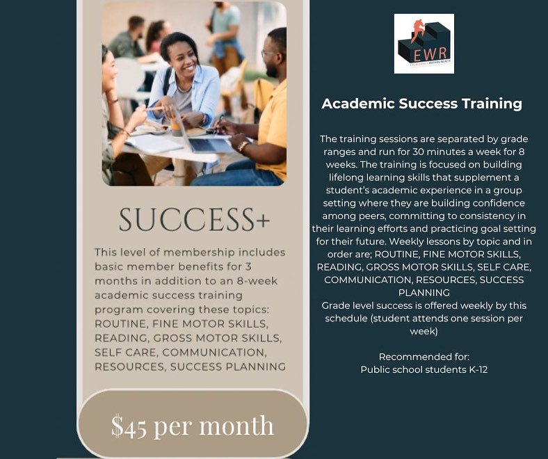 Join us for Academic Success Training! 
We are still registering for our grades k-2 and grades 10-12 cohorts starting next week. End the school year strong!

Email: greenmount@excellencewithinreach.com or register at gforms.app/Et0Eahj

$45 per month