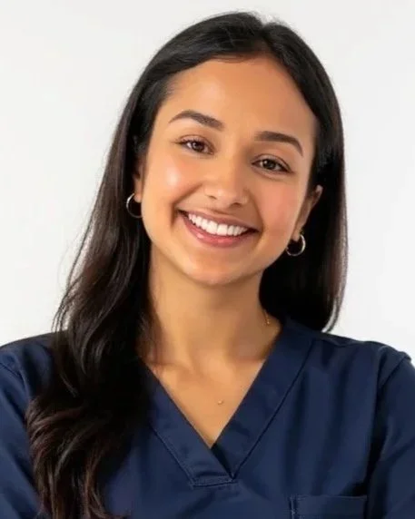Smiling young woman wearing navy scrubs and hoop earrings with long dark hair against a plain white background.