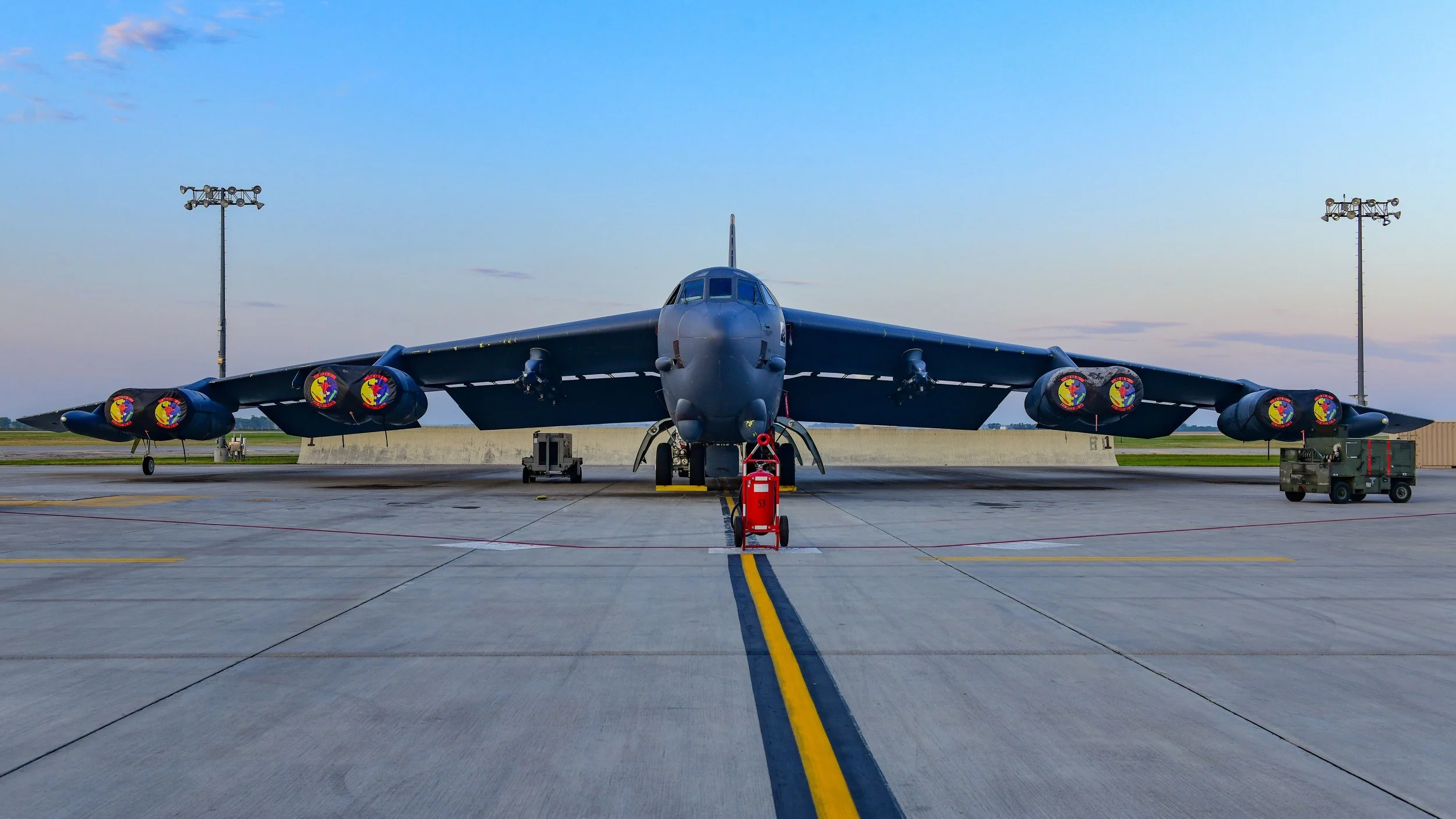 A B-52H Stratofortress strategic bomber parked on the flight line at Minot Air Force Base, North Dakota.