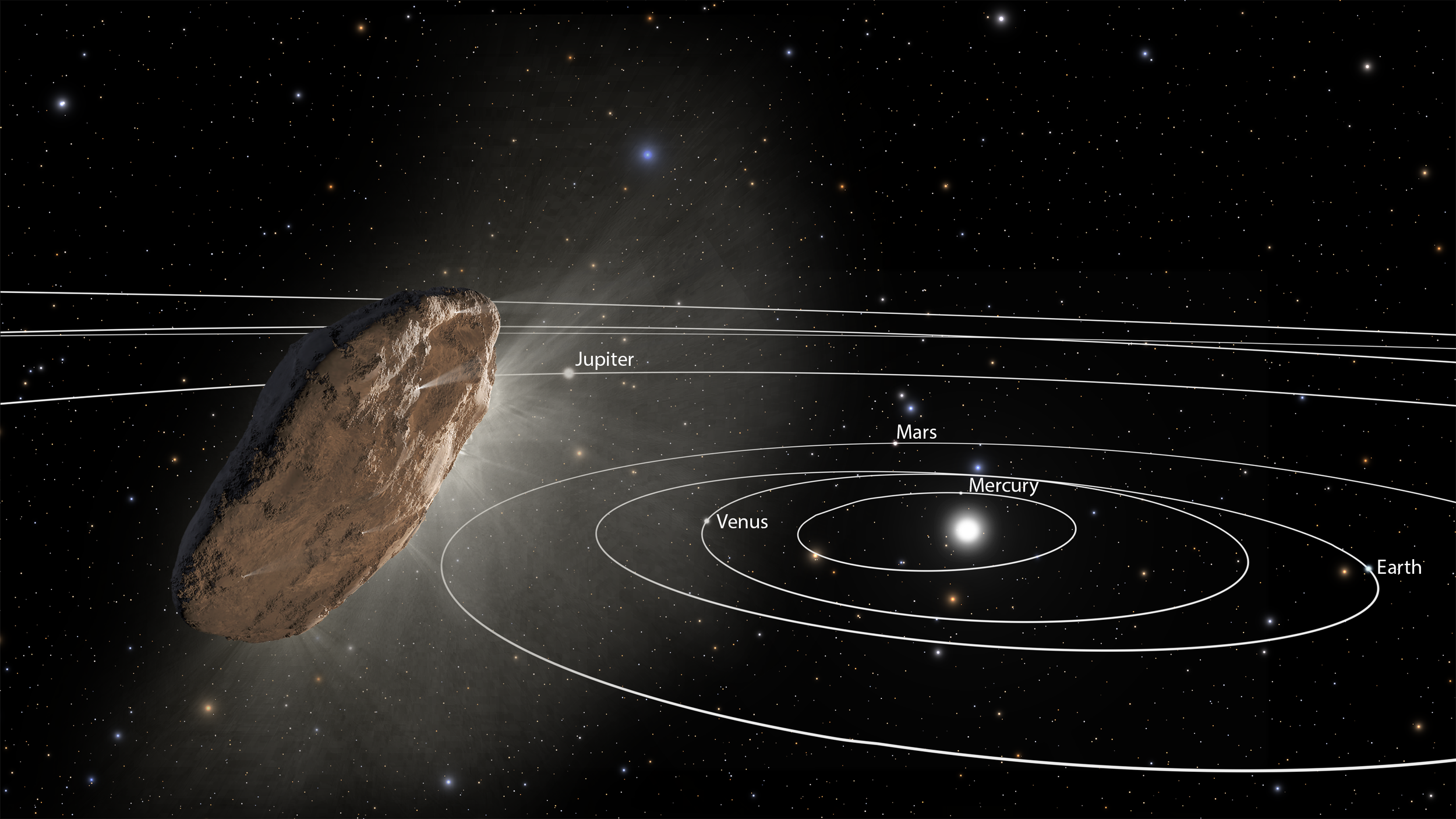 Artist's rendering of the interstellar object ʻOumuamua, depicted as an elongated dark reddish cigar-shaped object tumbling through space against a starfield.