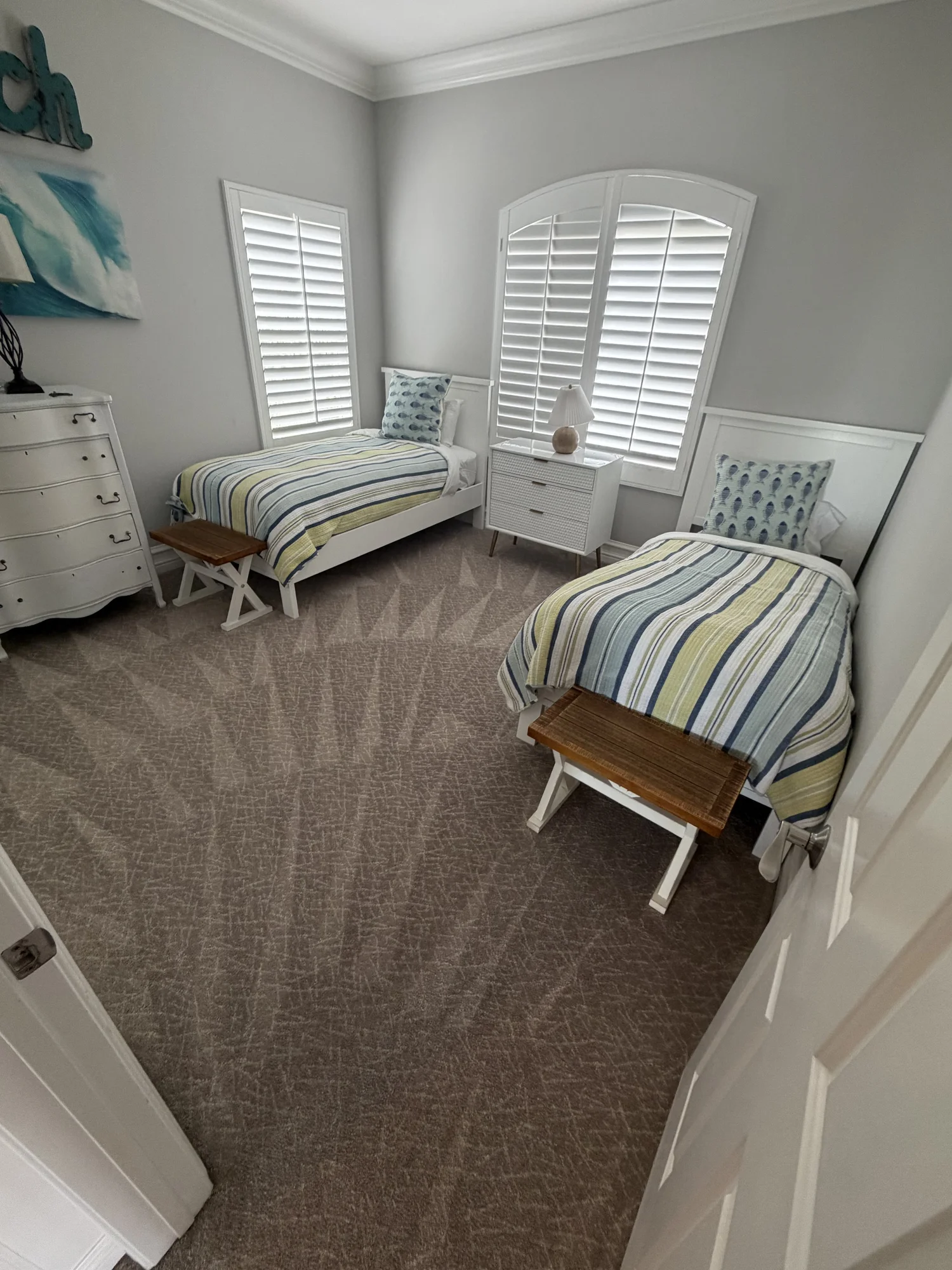 Freshly cleaned bedroom carpet by Coastal Carpet Pros in North County San Diego