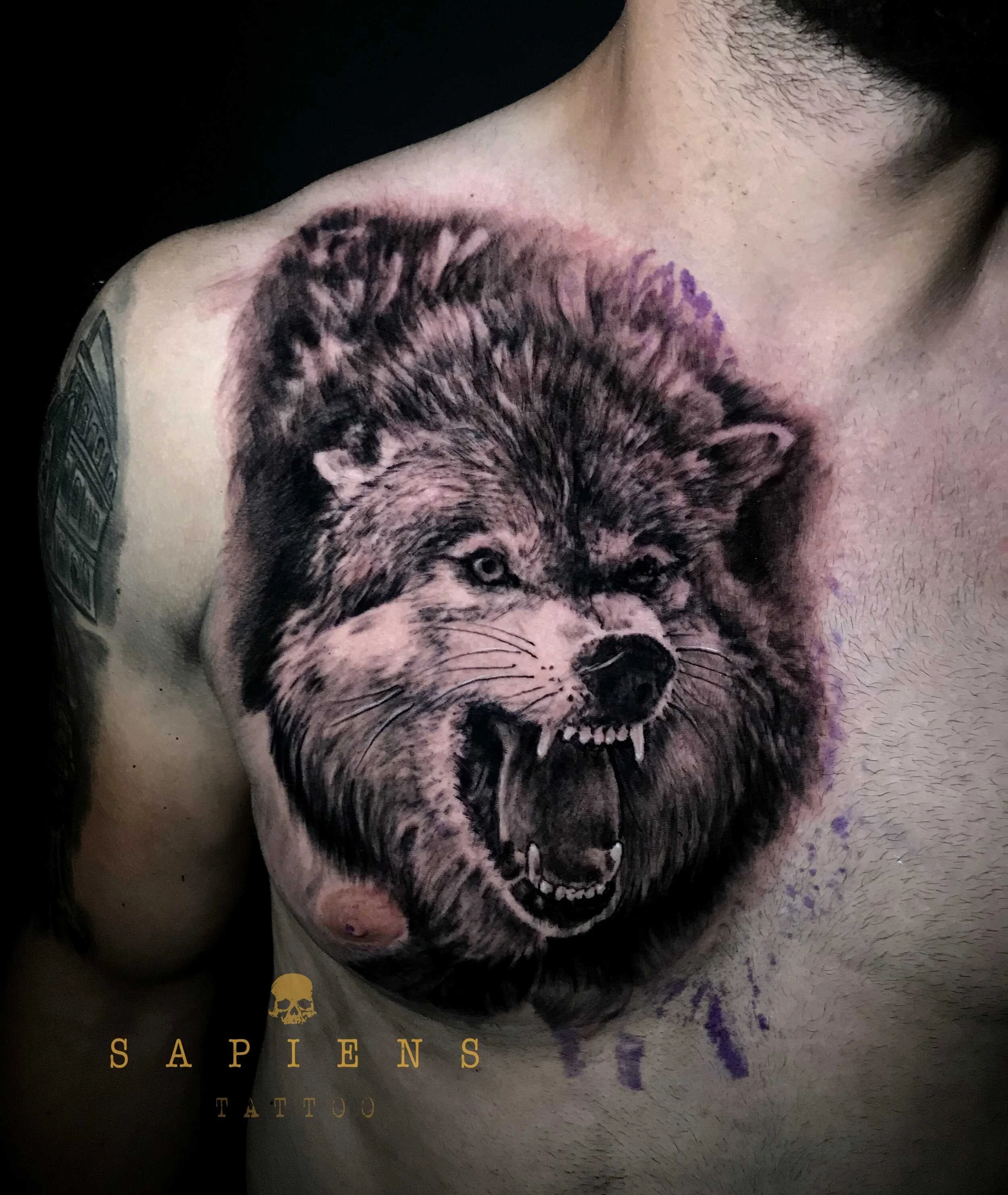 tatuaj black and white cu lup pe piept pentru barbati