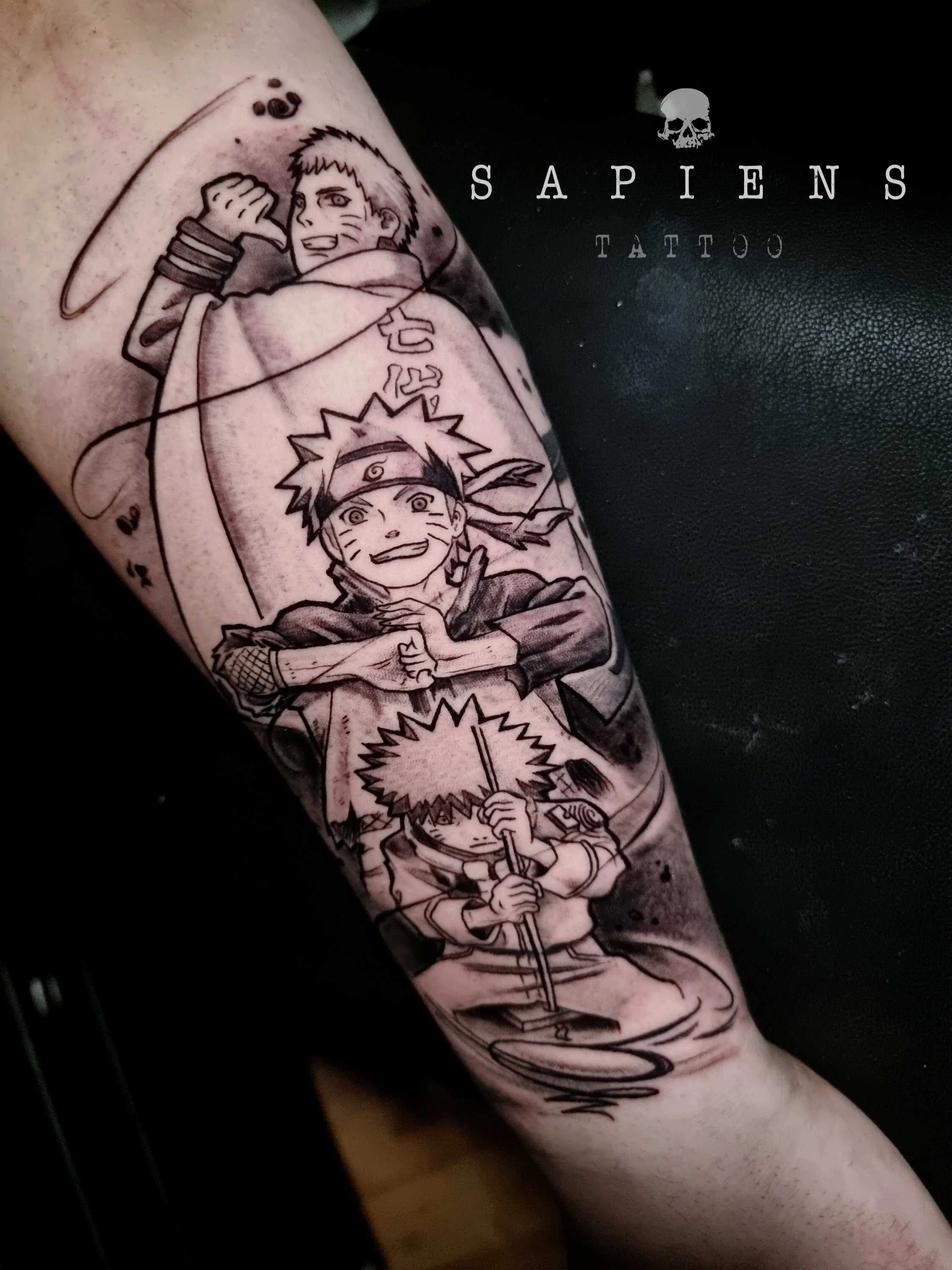 tatuaj pe antebrat cu naruto shippuden facut din linii