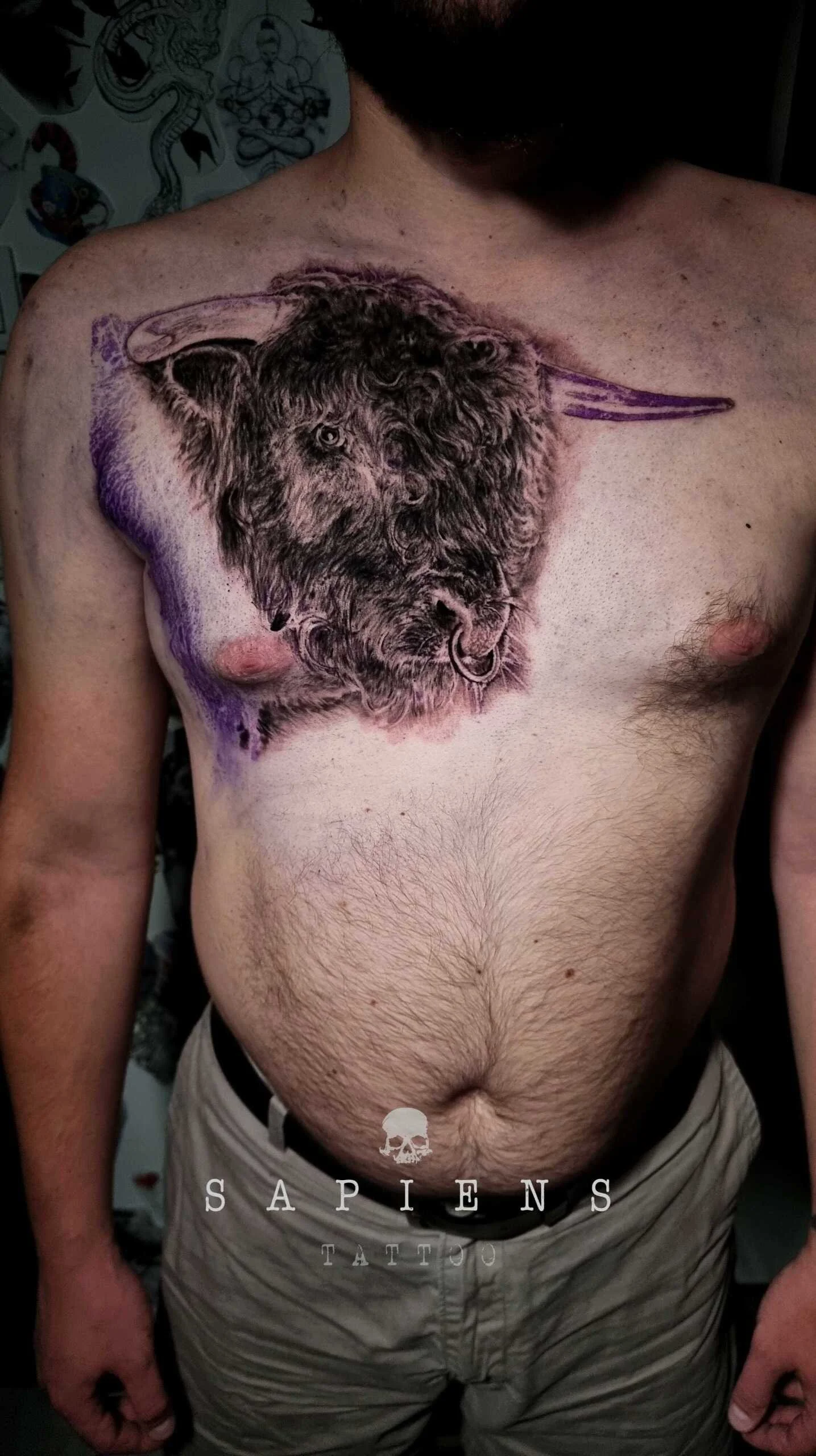 tatuaj pe piept mare pe pectoral cu portretul unui bivol