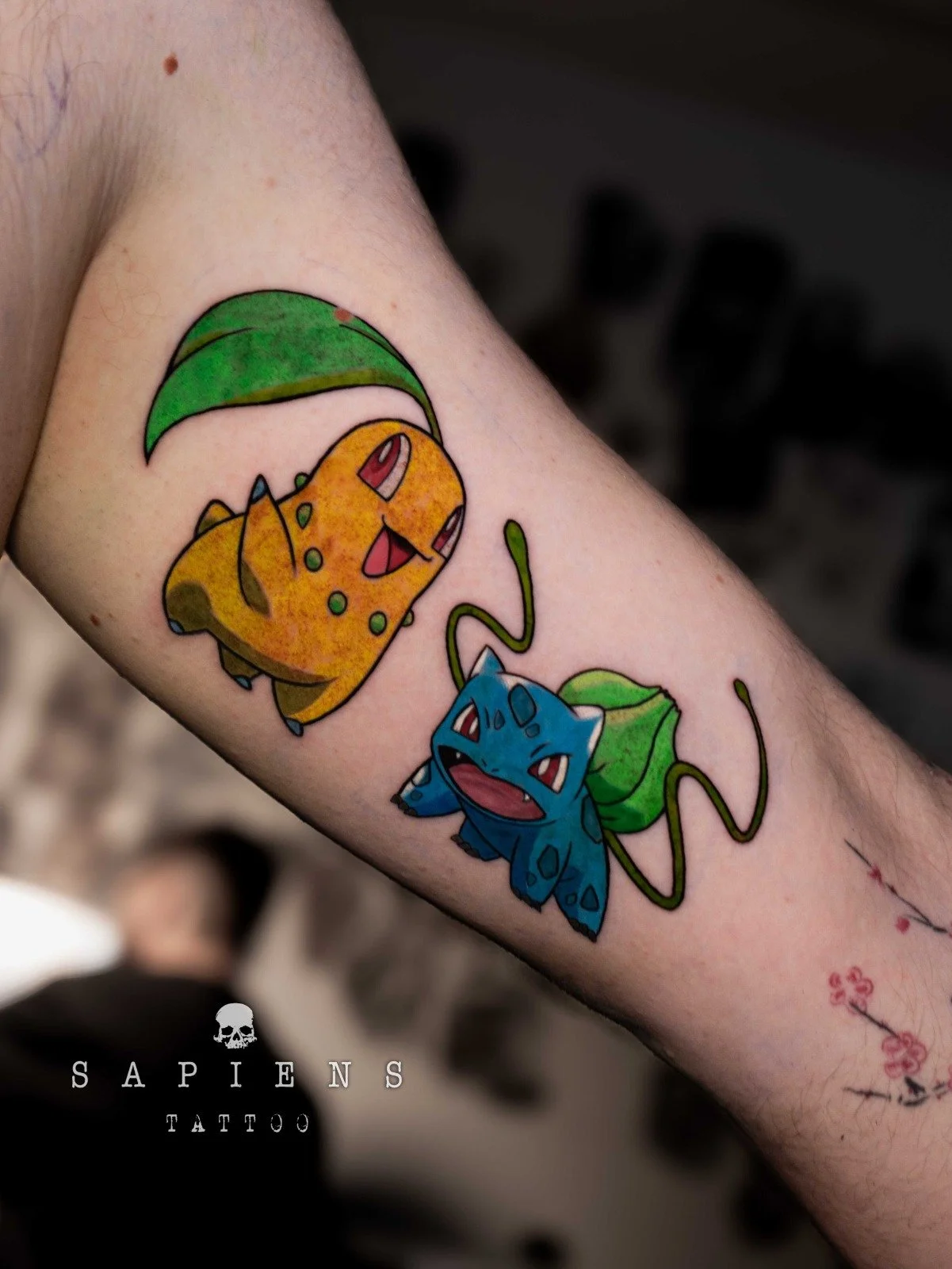 tatuaj pe brat interior cu doua personaje anime amuzante
