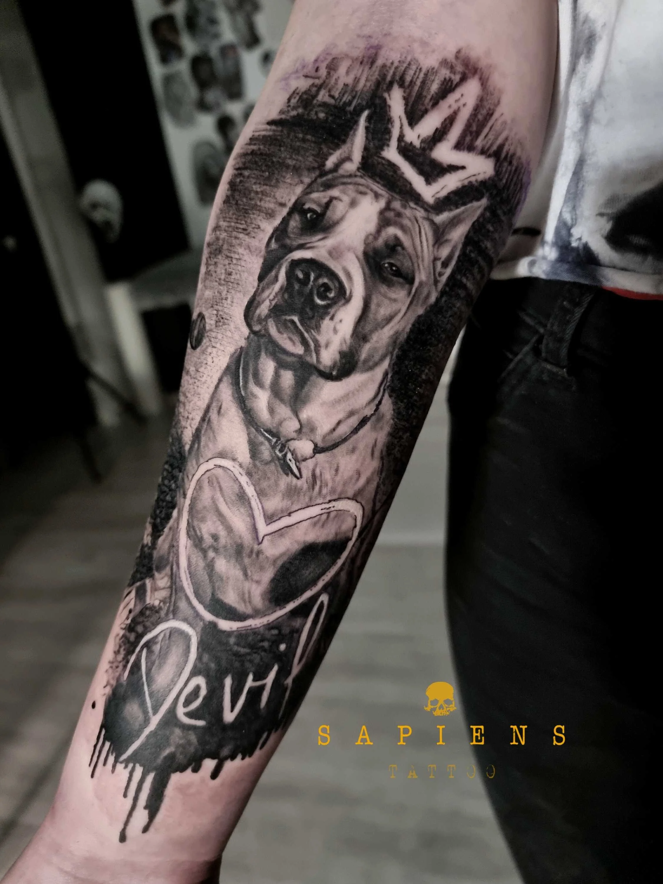 tatuaj cu portretul cainelui in stil black and gray
