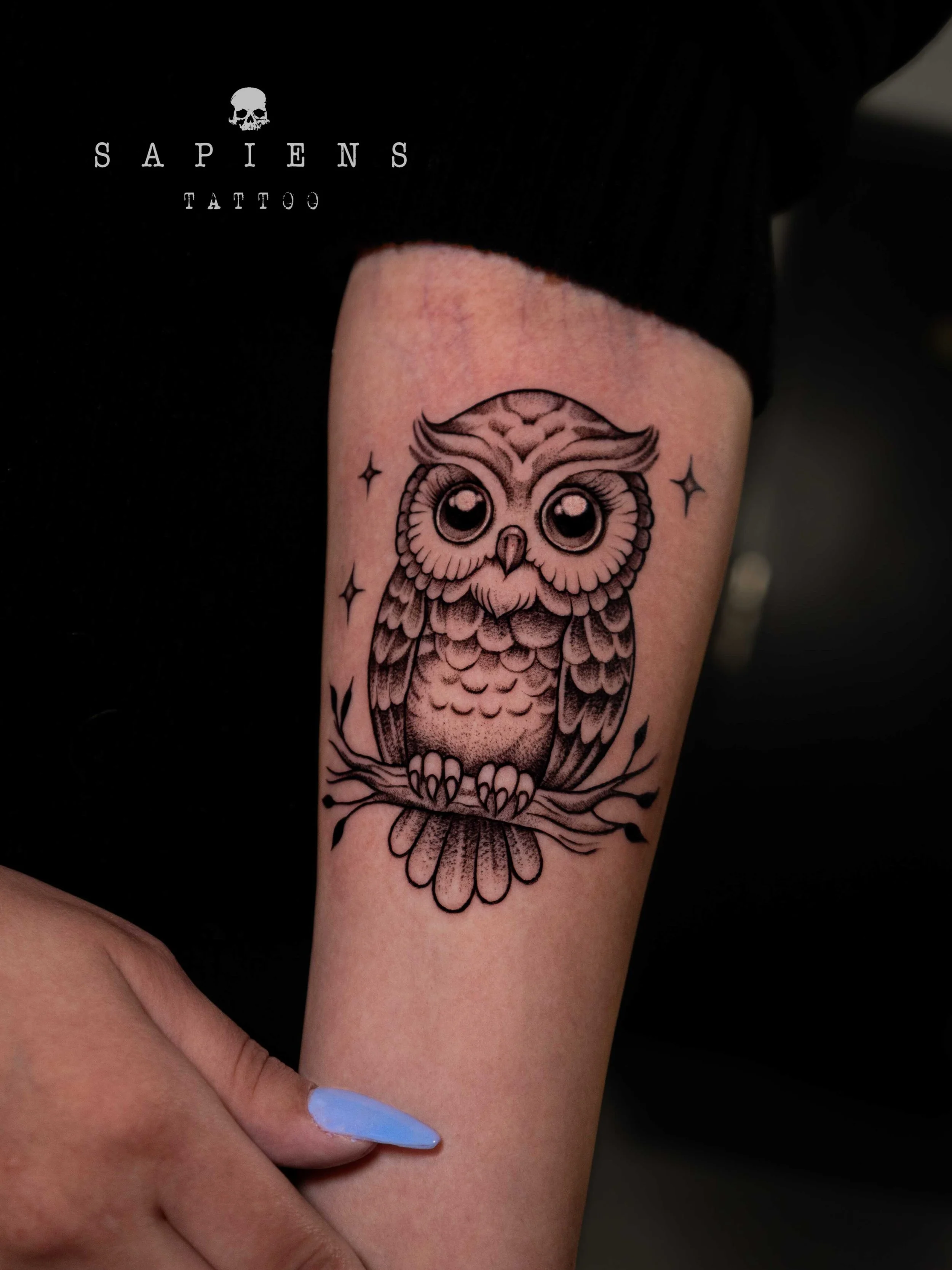 tatuaj din linii si umbre cu o bufnita