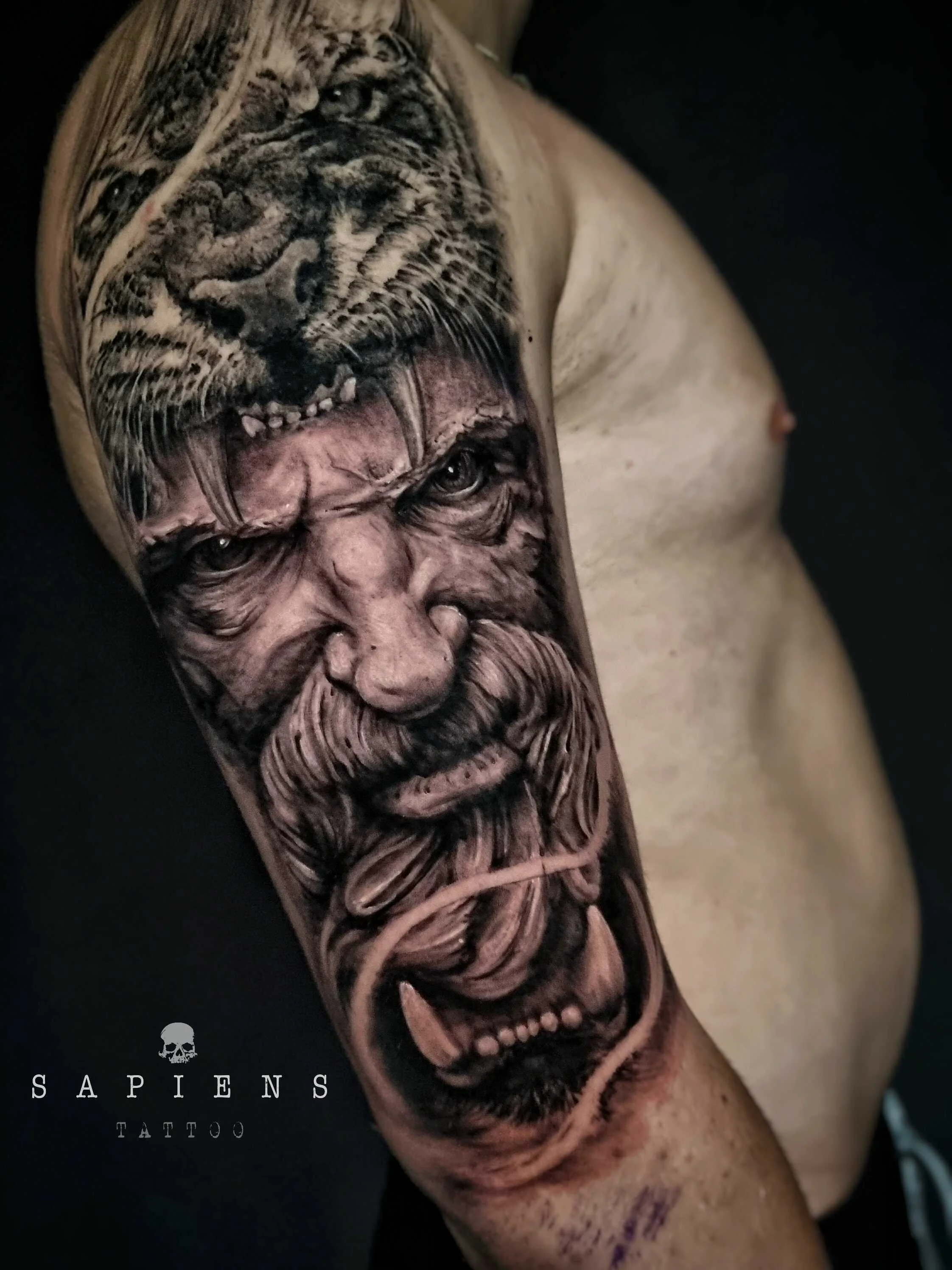 half sleeve black and gray tattoo for men