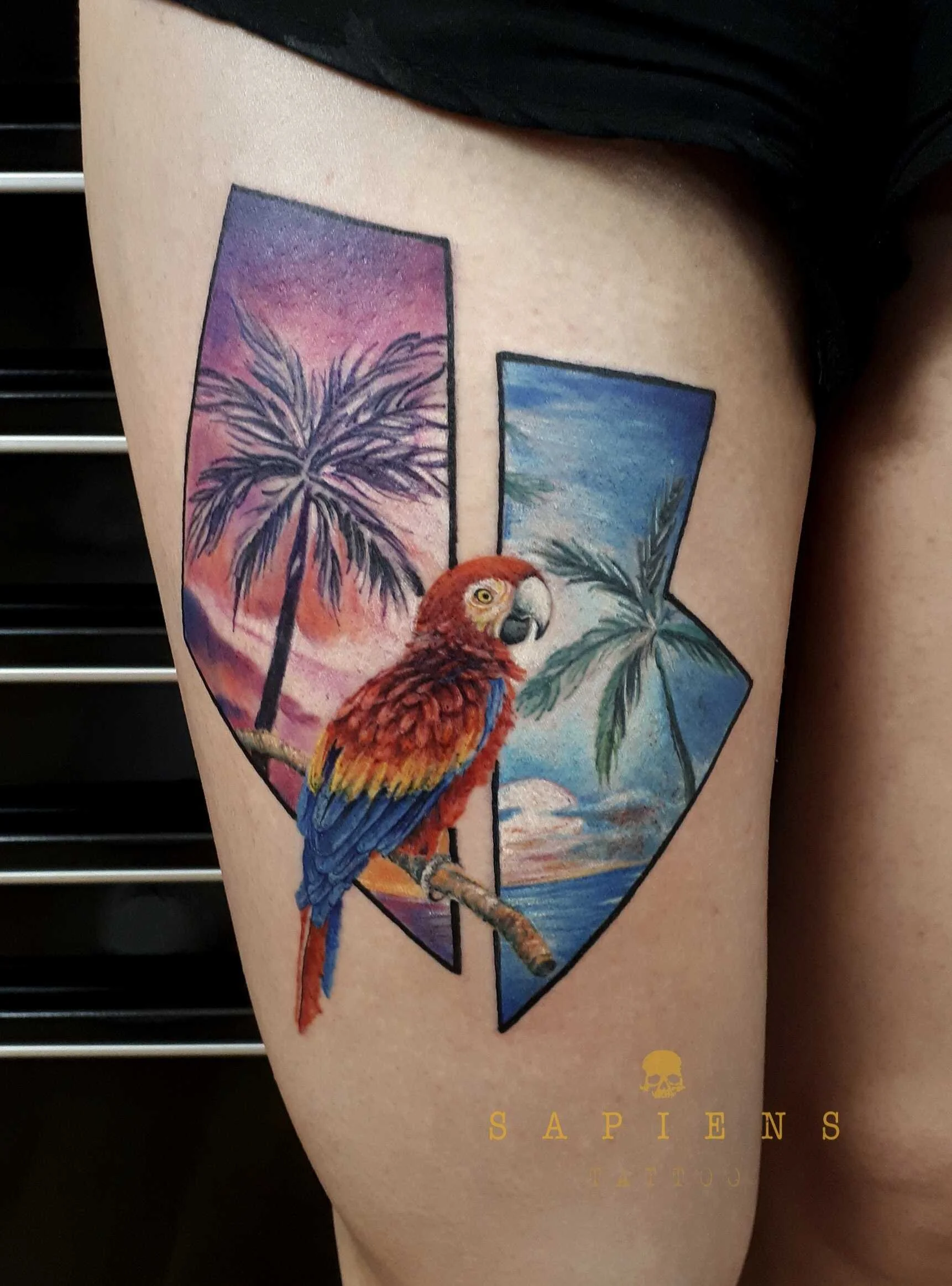 tatuaj color pe pulpa piciorului cu un papagal color si doi palmieri