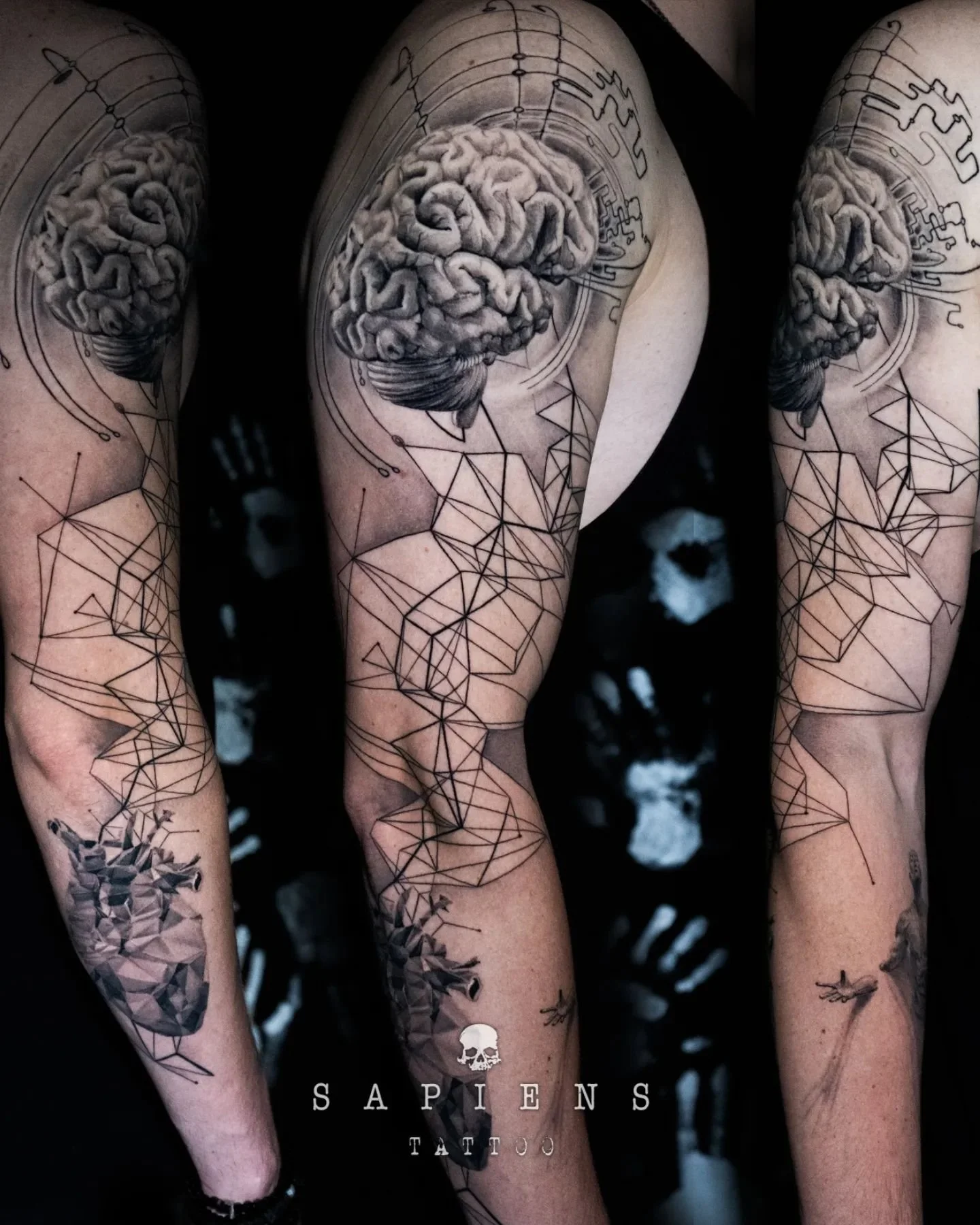 tatuaj full sleeve pe tot bratul cu tus negru