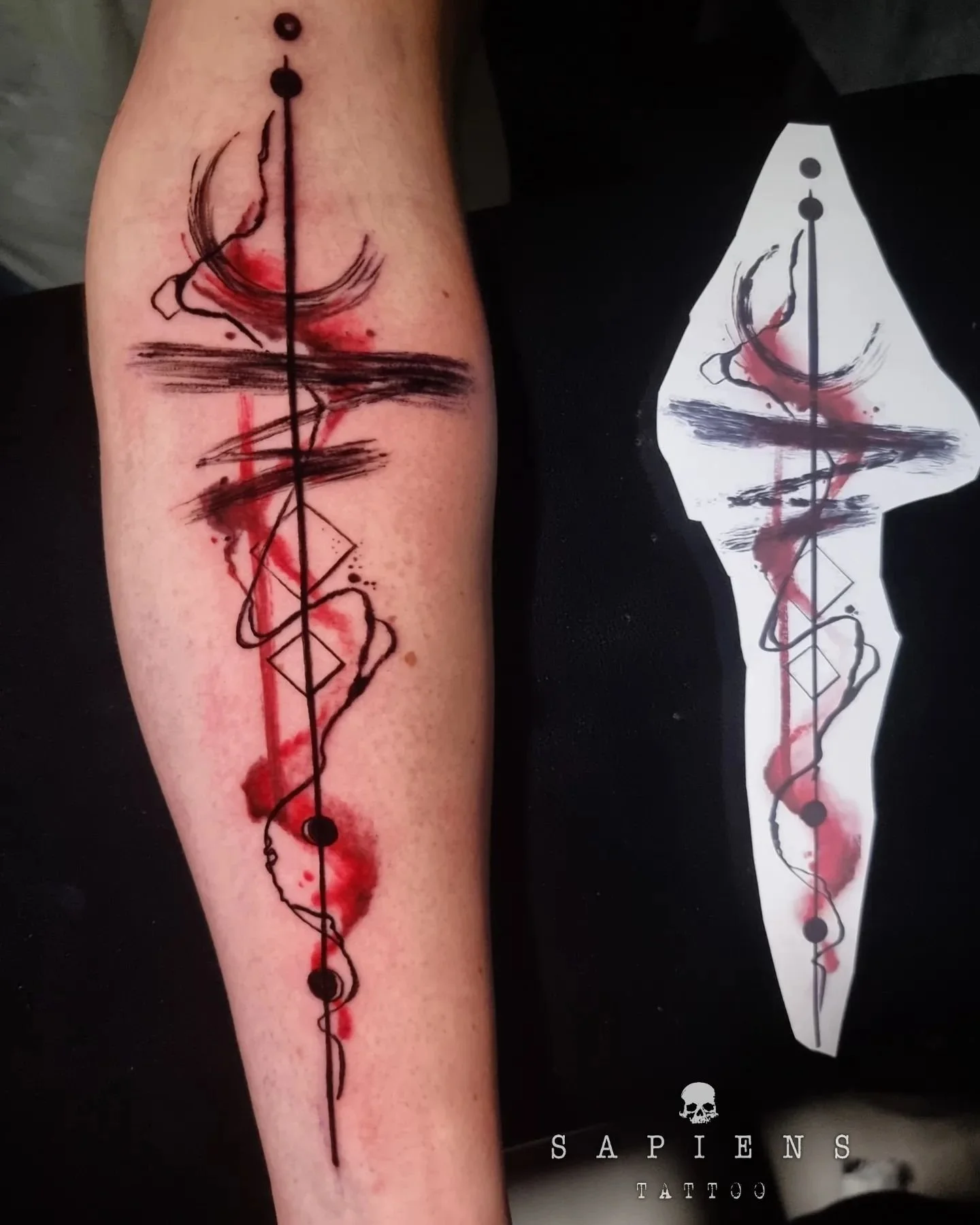 trash polka tattoo on the forearm